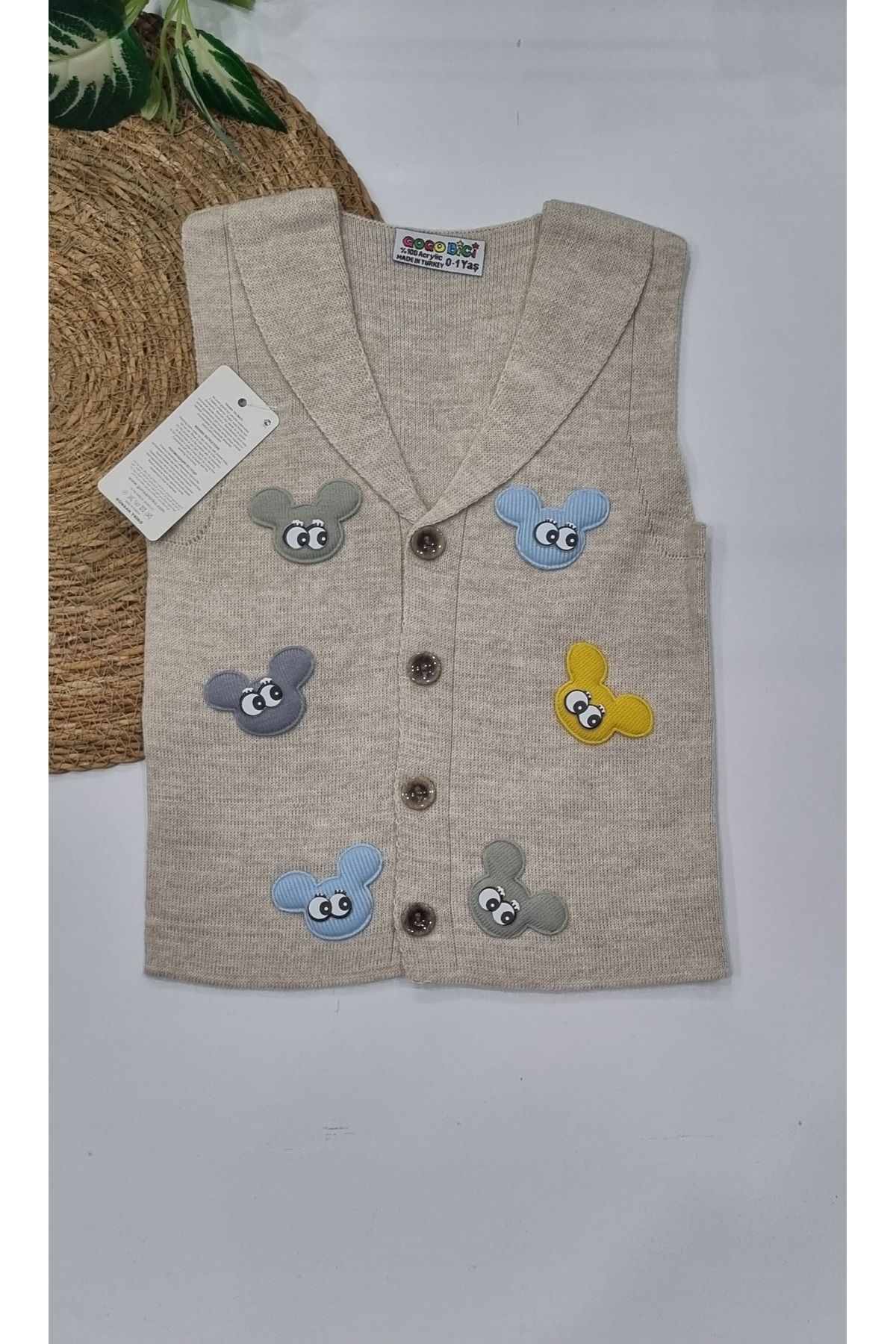 Uğur bebe-Beige Colored Baby Boy and Child Cute Knitwear Vest - Applique Detailed 1