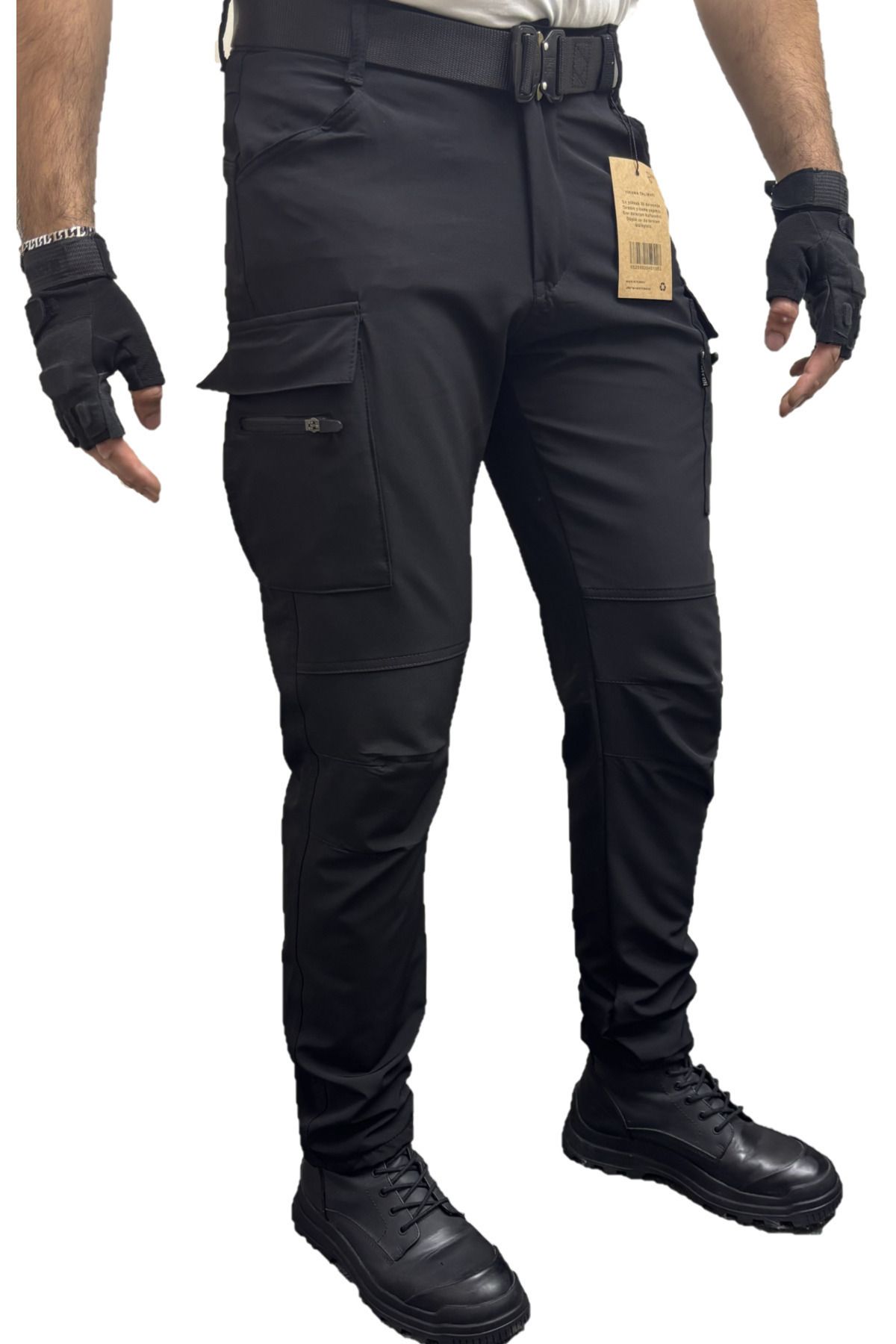 Polviton-Pantaloni cargo tactici Softshell Combat pentru bărbați - buzunare, negru slim fit 6