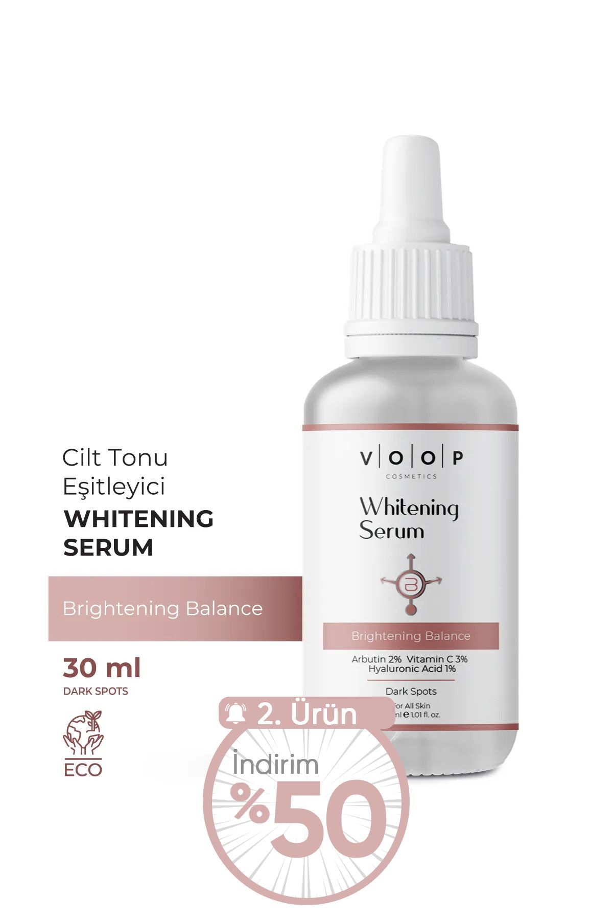 VOOP Cilt Beyazlatıcı Serum - 30 ml | %2 Arbutin, %3 Vitamin C, %1 Hyaluronik Asit