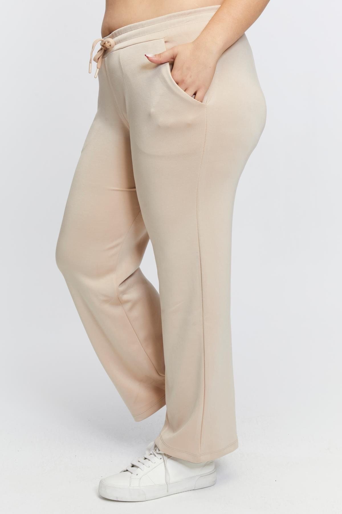 RMG-Cream Colored Plus Size Sweatpants - Waist Lace Detailed 2