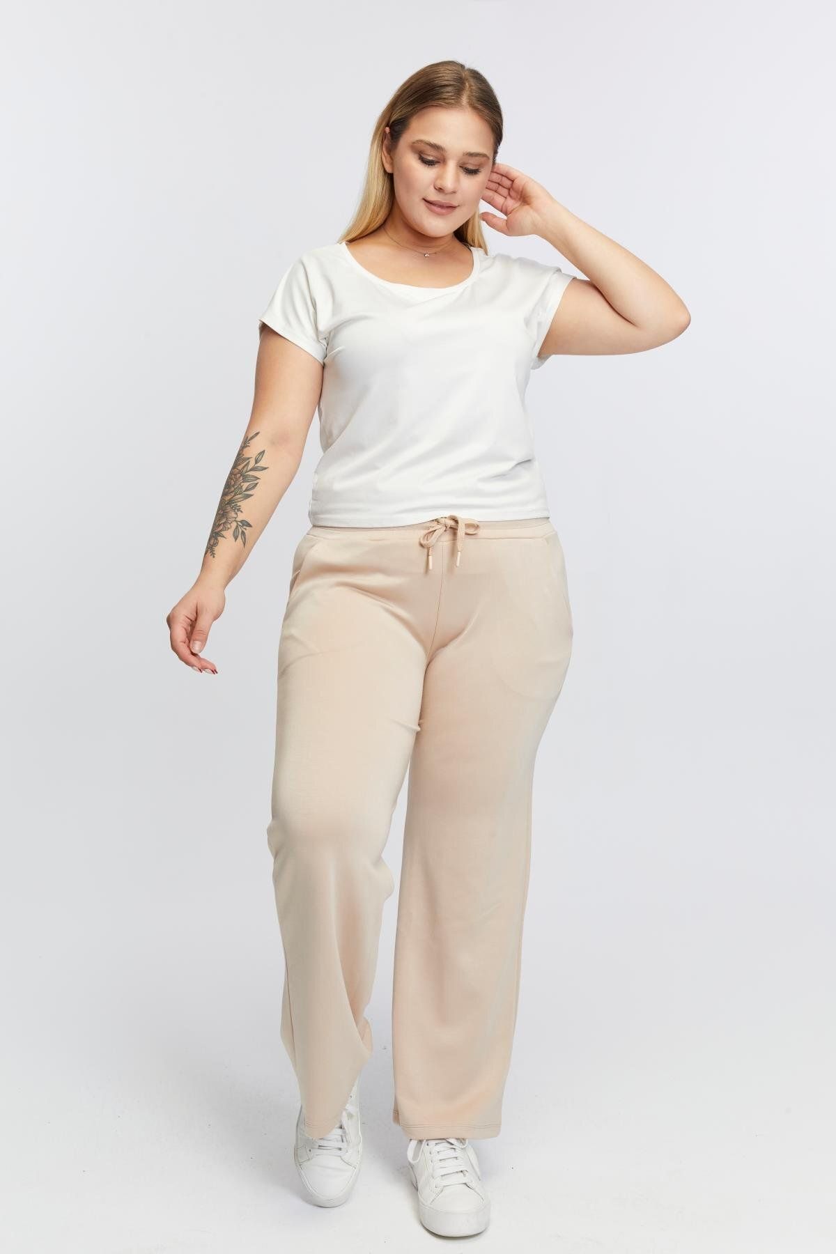 RMG-Cream Colored Plus Size Sweatpants - Waist Lace Detailed 5