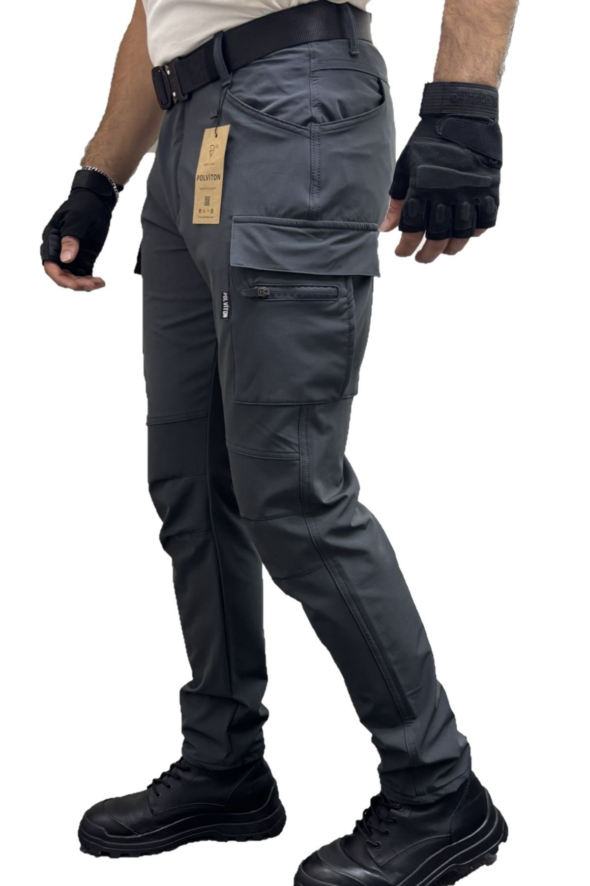 Polviton-Pantaloni cargo tactici Softshell Combat pentru bărbați - Slim Fit cu buzunare afumati 7