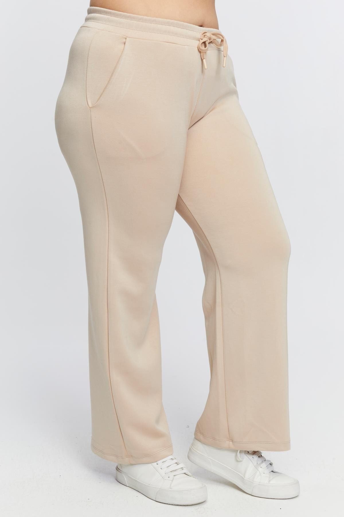 RMG-Cream Colored Plus Size Sweatpants - Waist Lace Detailed 3