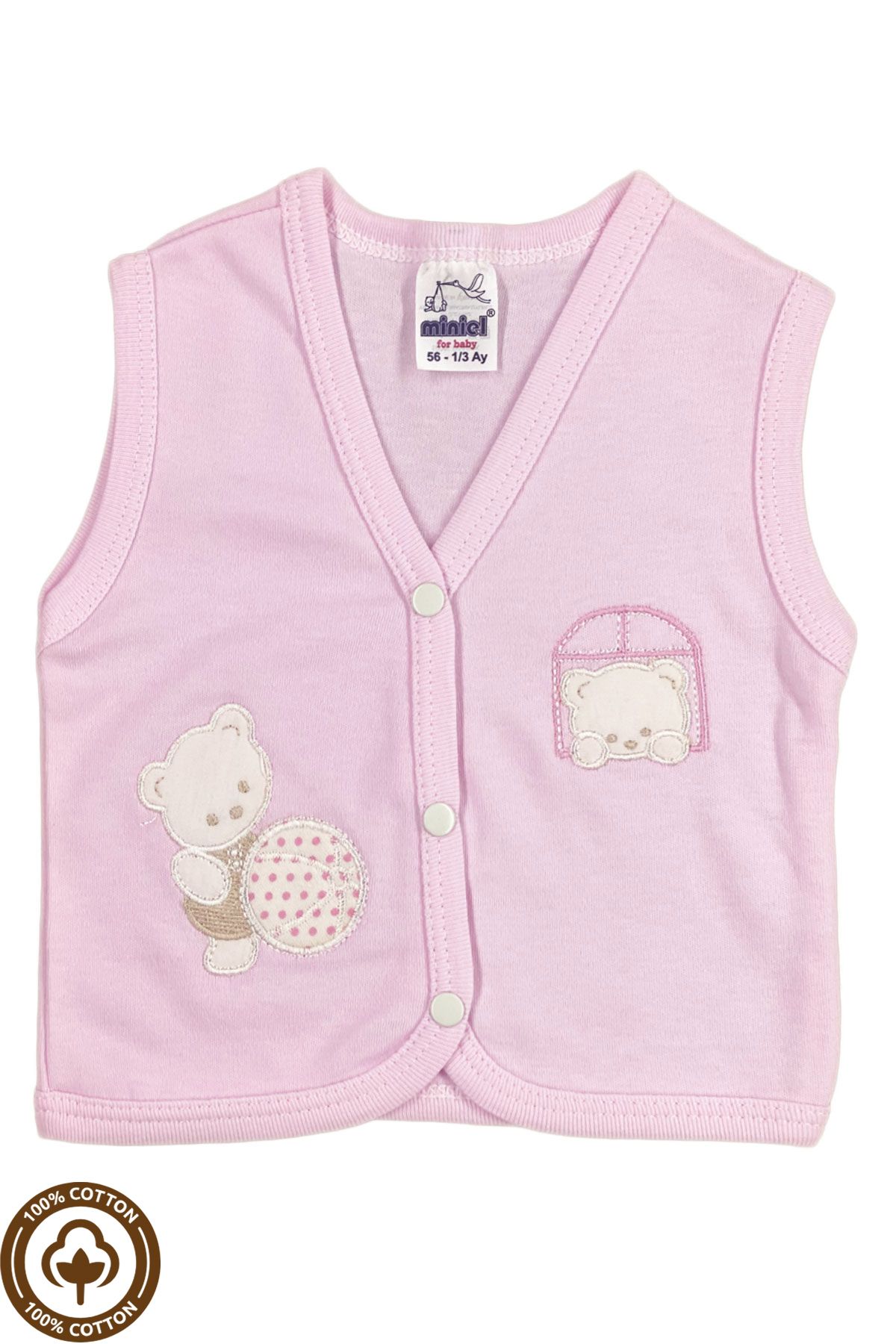 Miniel-Baby Girl Teddy Bear Embroidered Organic Cotton 3-6-9 Months Combed Cotton Baby Vest - Pink 1