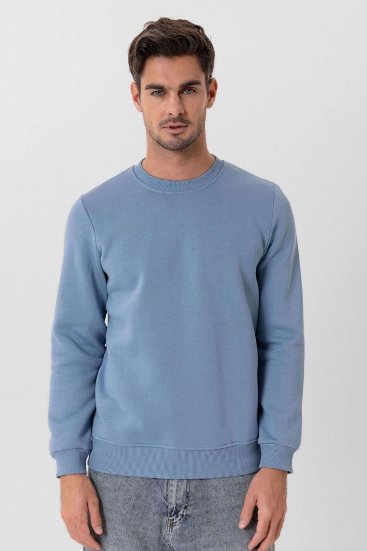 سویشرت ورزشی مردانه قطب ضخیم آبی روشن با یقه قطبی قالب معمولی WINTER TRACE SHIRT T0137 Escetic