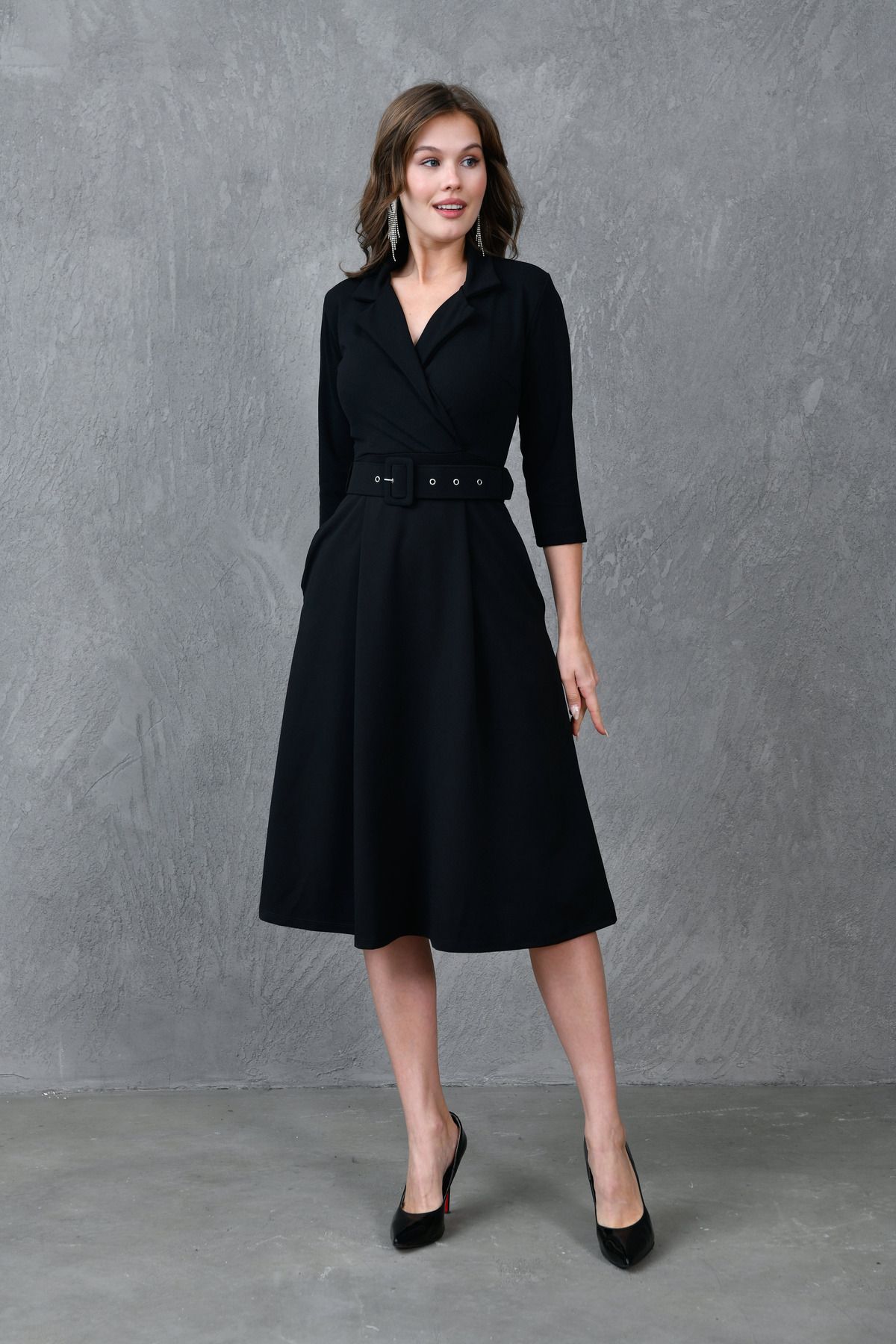 WOMAN VISION-Black Midi Dress for Women - Double Breasted Neckline with 3/4 Sleeves and Belt Detail 020 1