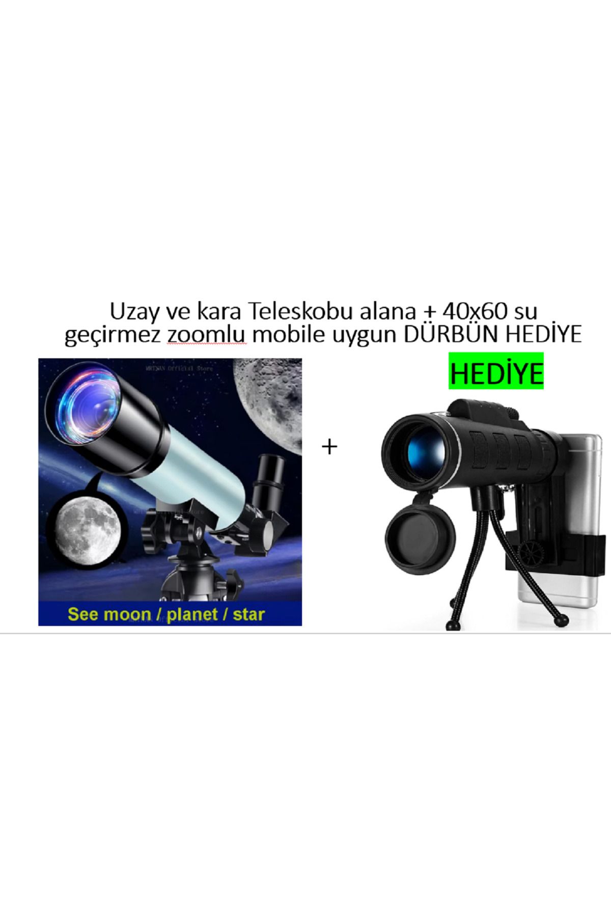 lizer Teleskop alana +Dürbün HEDİYE(Su Geçirmez 40X60 mobil zoom)(90X Uzay Ay Yıldız Doğa Gözlem teleskobu