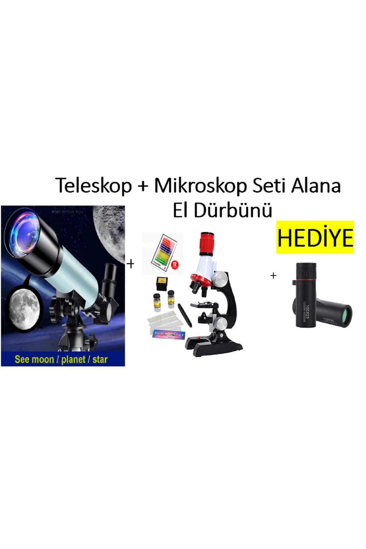 lizer Eğitici Teleskop seti + Eğitici Mikroskop seti alana 100x + EL Dürbünü