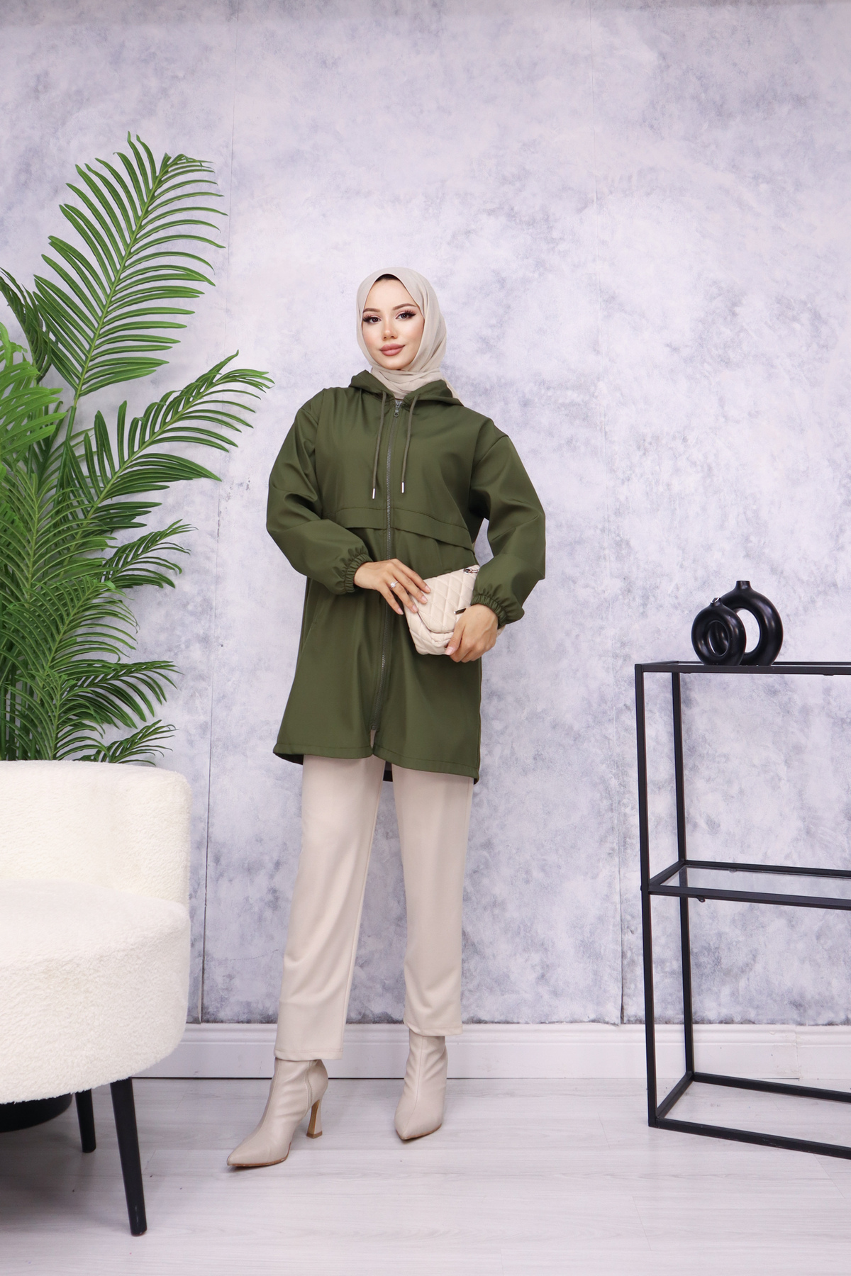 Atelier Lina  Kapüşonlu Fermuarlı Yağmurluk Trençkot - Görsel 8