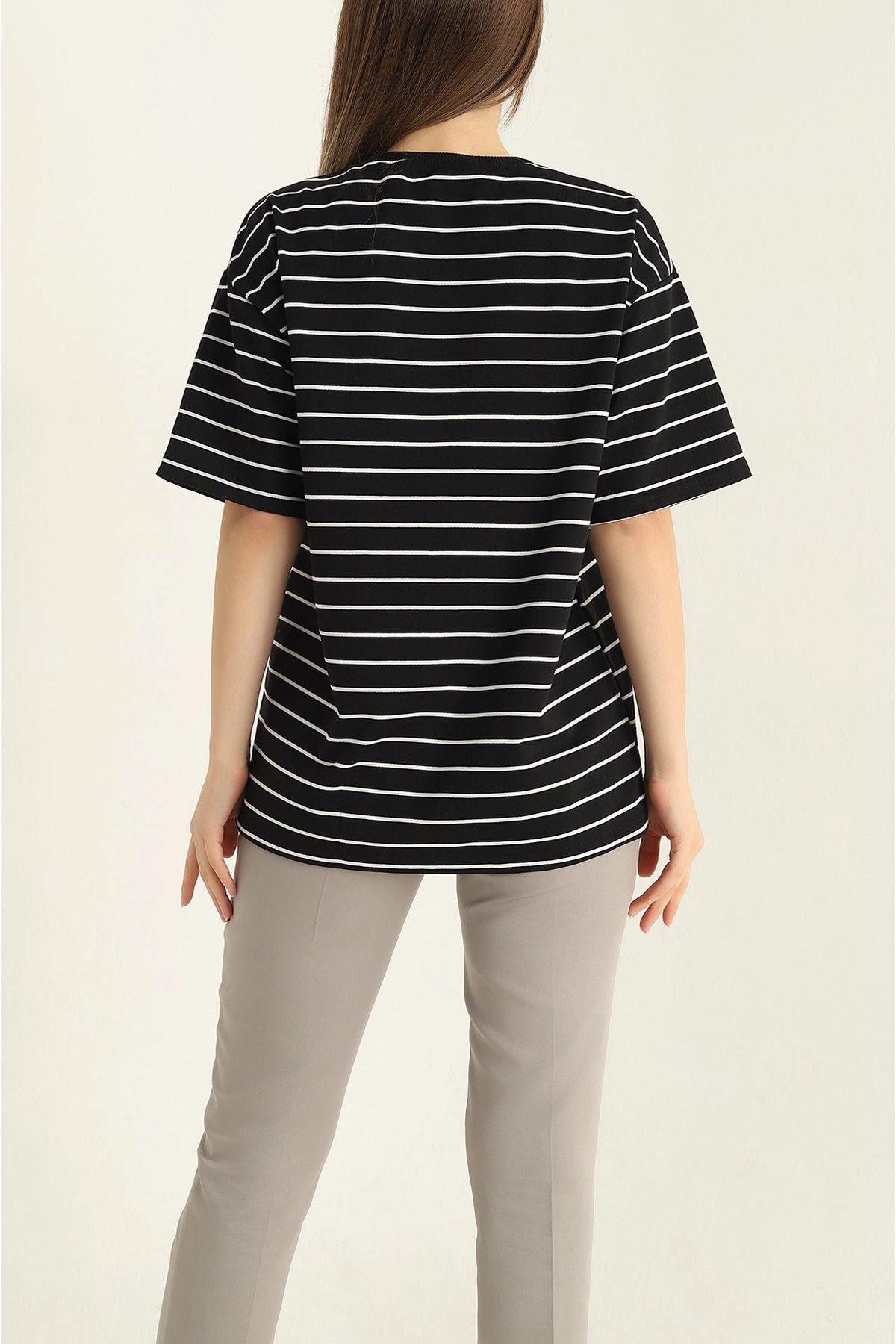 vuvutasarım-New Season Black Striped Two String T-Shirt 3