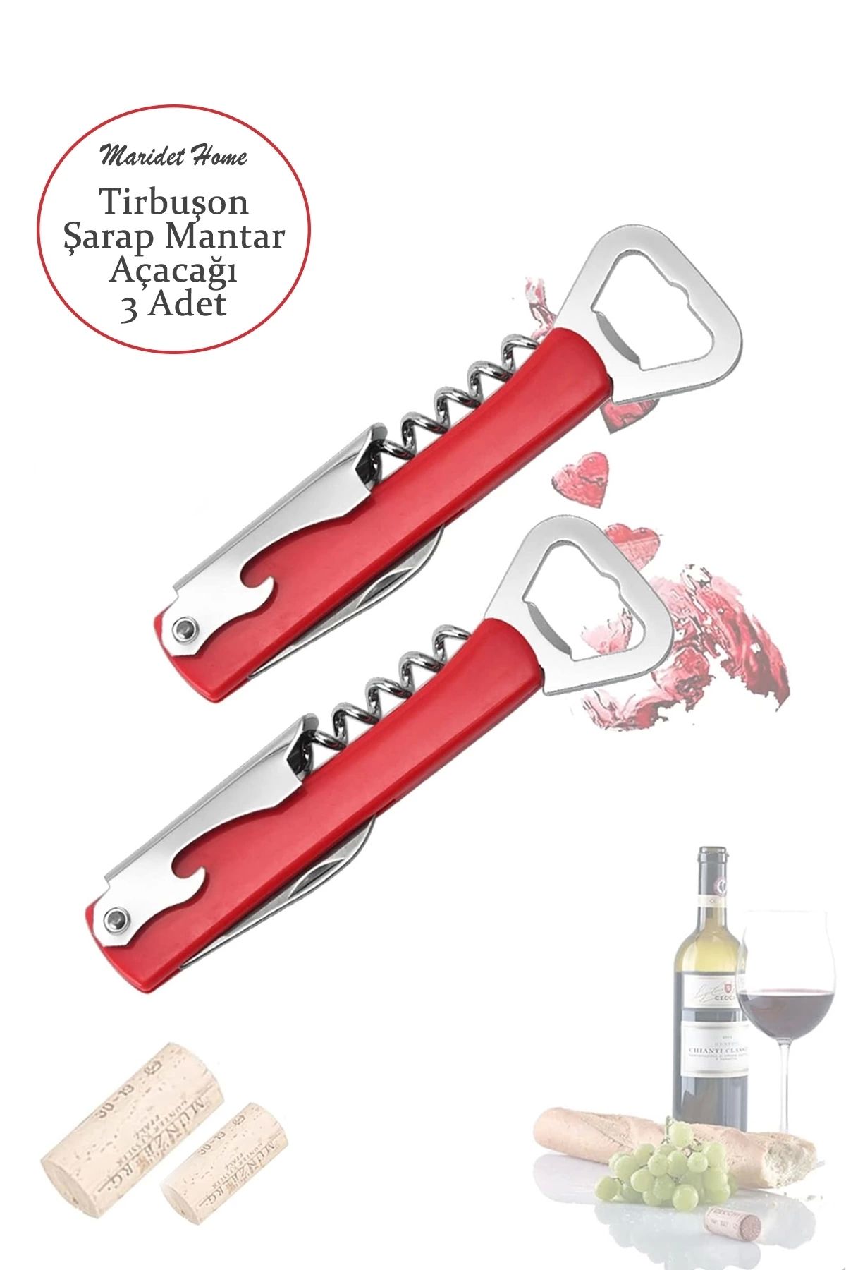 Maridet-Red Lighter Wine Cork Opener Corkscrew Bottle Lid Can Opener - 3 Pieces 1