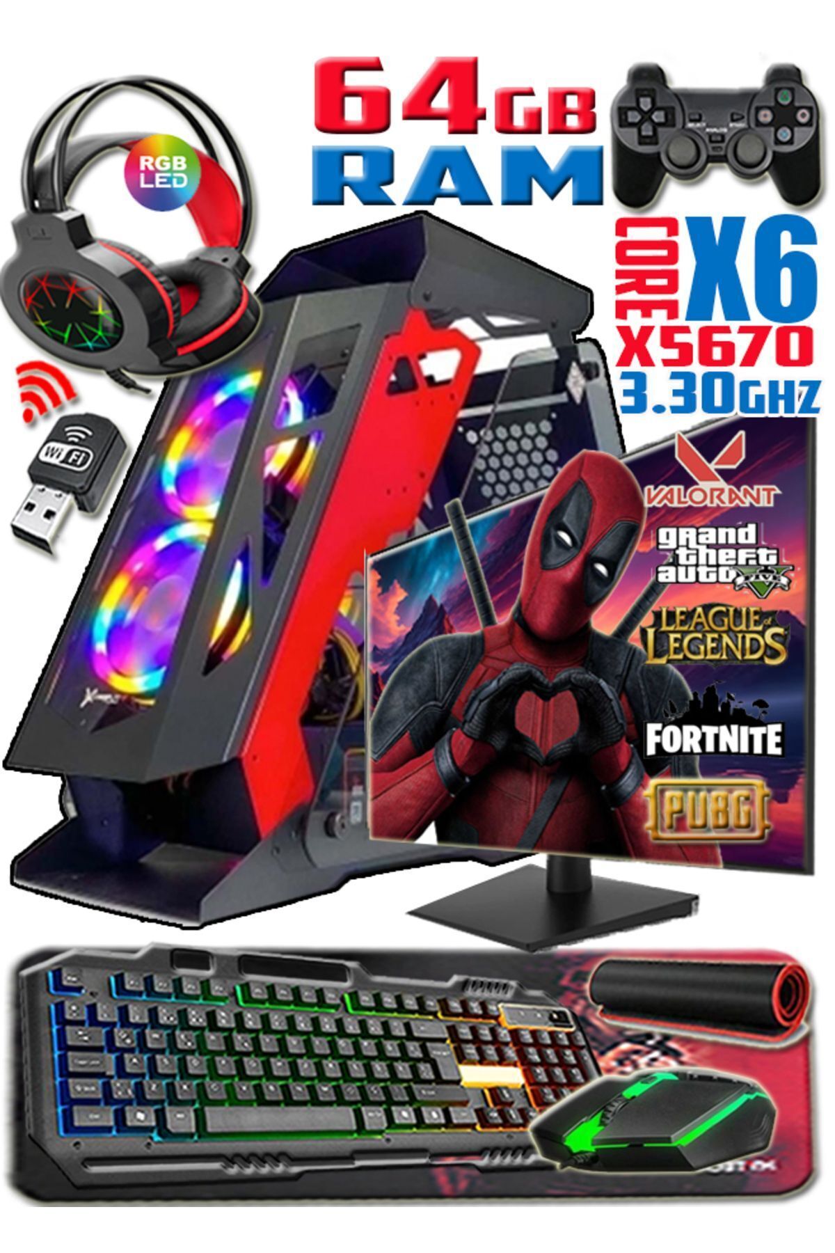 Deadpool Xeon X5670 3.30ghz 64gb Ram 512gb Ssd Rx 550-4gb E.kartı 24" Monitör Gaming Bilgisayar