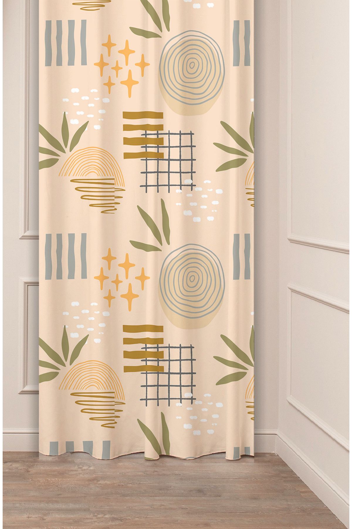 GREENDECOR-Pastel Bohemian Leaf Patterned Digital Printed Background Curtain - Single Wing 1