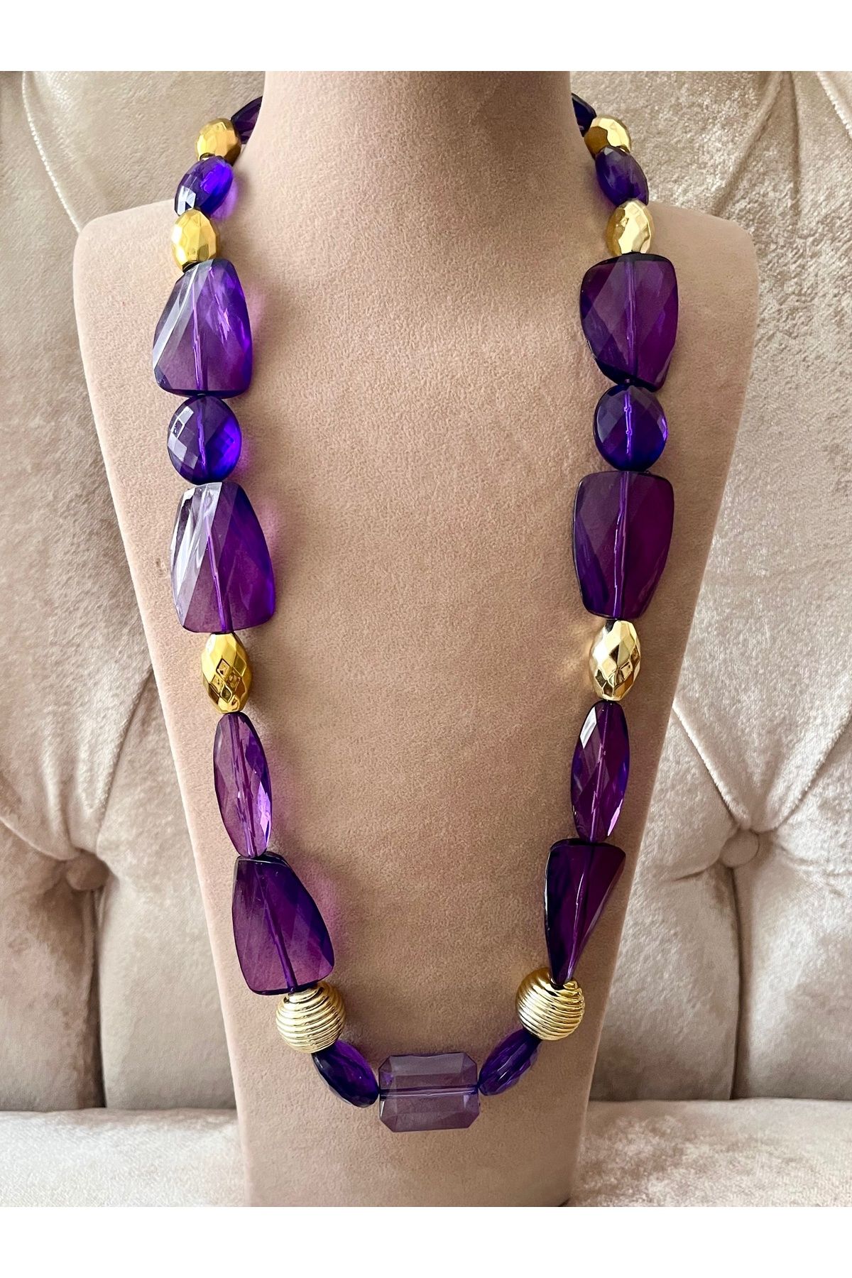 COCOSH TAKI-Purple Color Gold Detailed Long Special Design Necklace 1