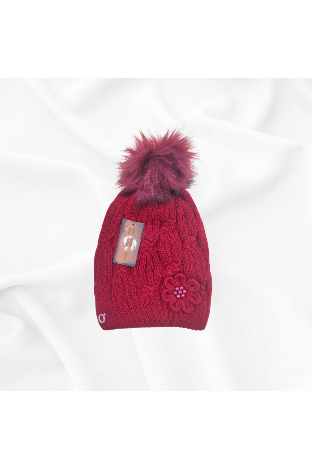 Online-Colorful Hat with Burgundy Pompom and Flower Figures 1