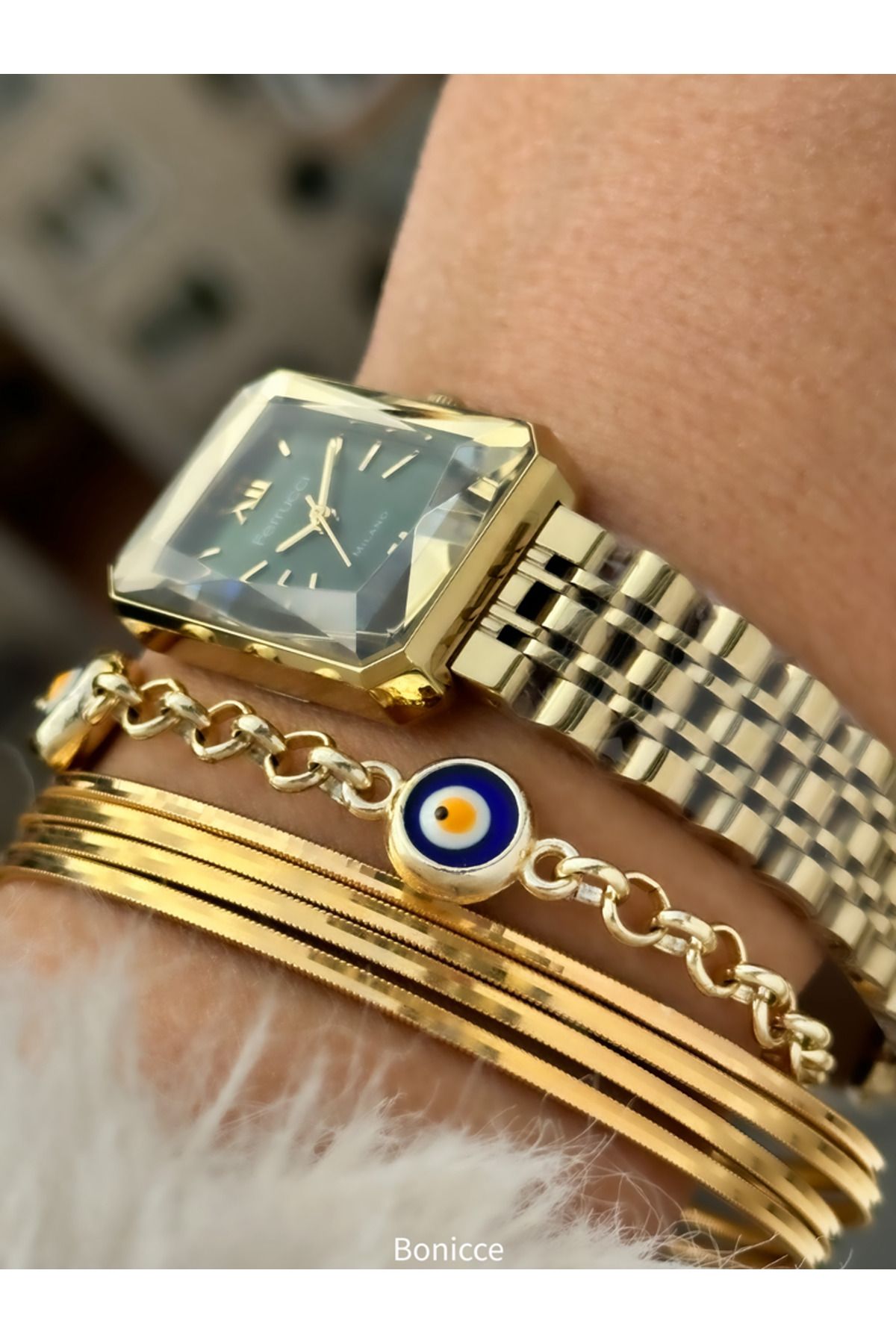 Ferrucci-Brand Steel Band, Women's Wrist Watch+Bracelet with Yellow Rectangle Cutout Glass Feature 5