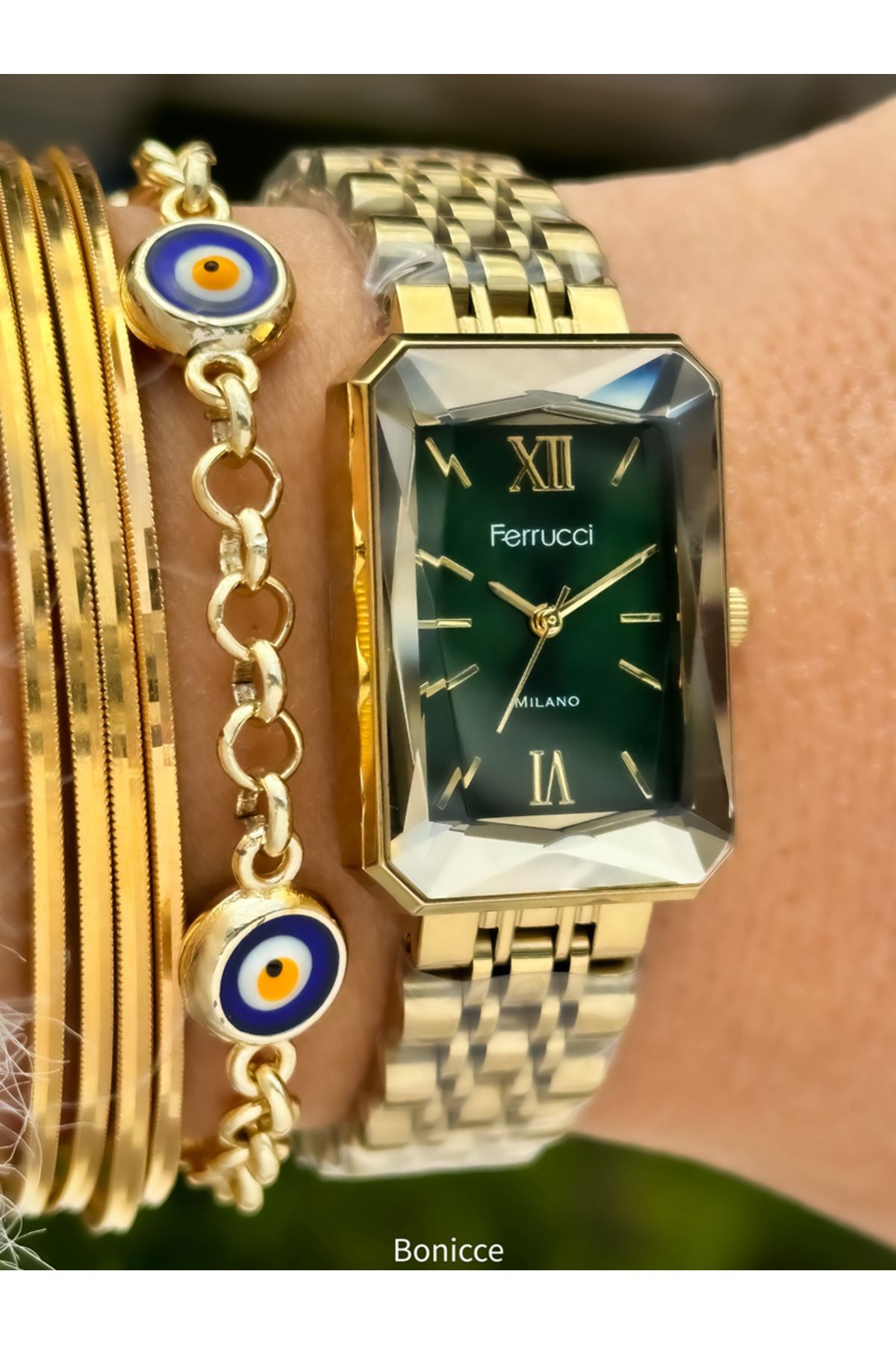 Ferrucci-Brand Steel Band, Women's Wrist Watch+Bracelet with Yellow Rectangle Cutout Glass Feature 2