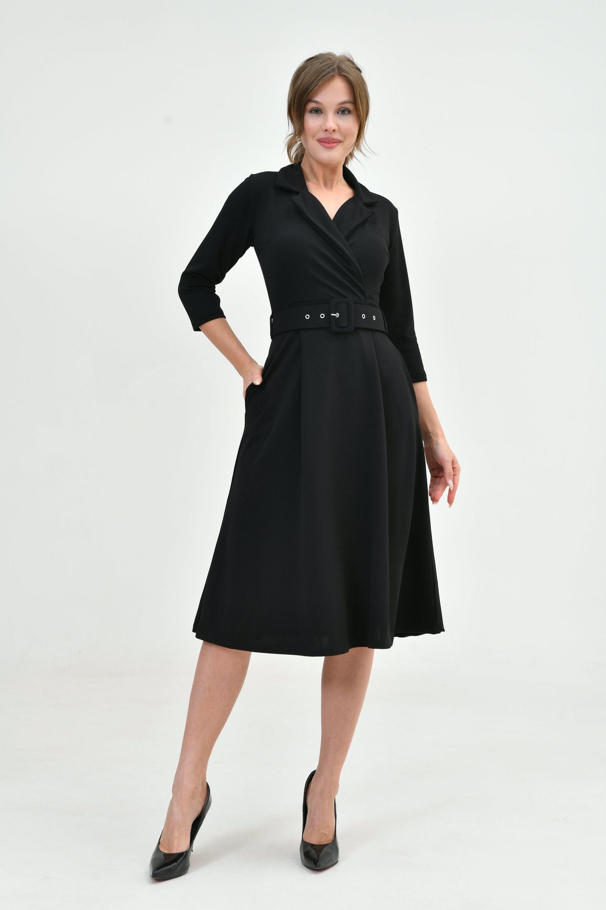 4S1B FASHION-Black Midi Evening Dress - Double Breasted Jacket Neckline, 3/4 Sleeve, Flared Fit, Belt Detail 020 6