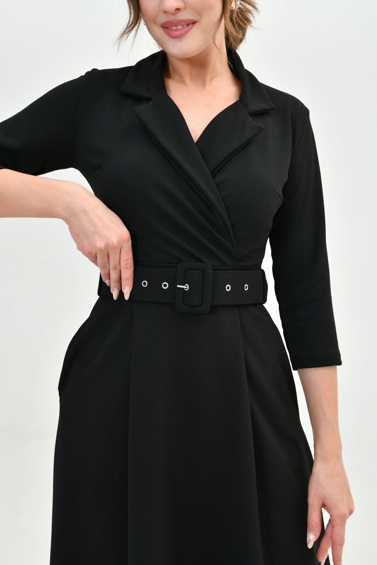 4S1B FASHION-Black Midi Evening Dress - Double Breasted Jacket Neckline, 3/4 Sleeve, Flared Fit, Belt Detail 020 4