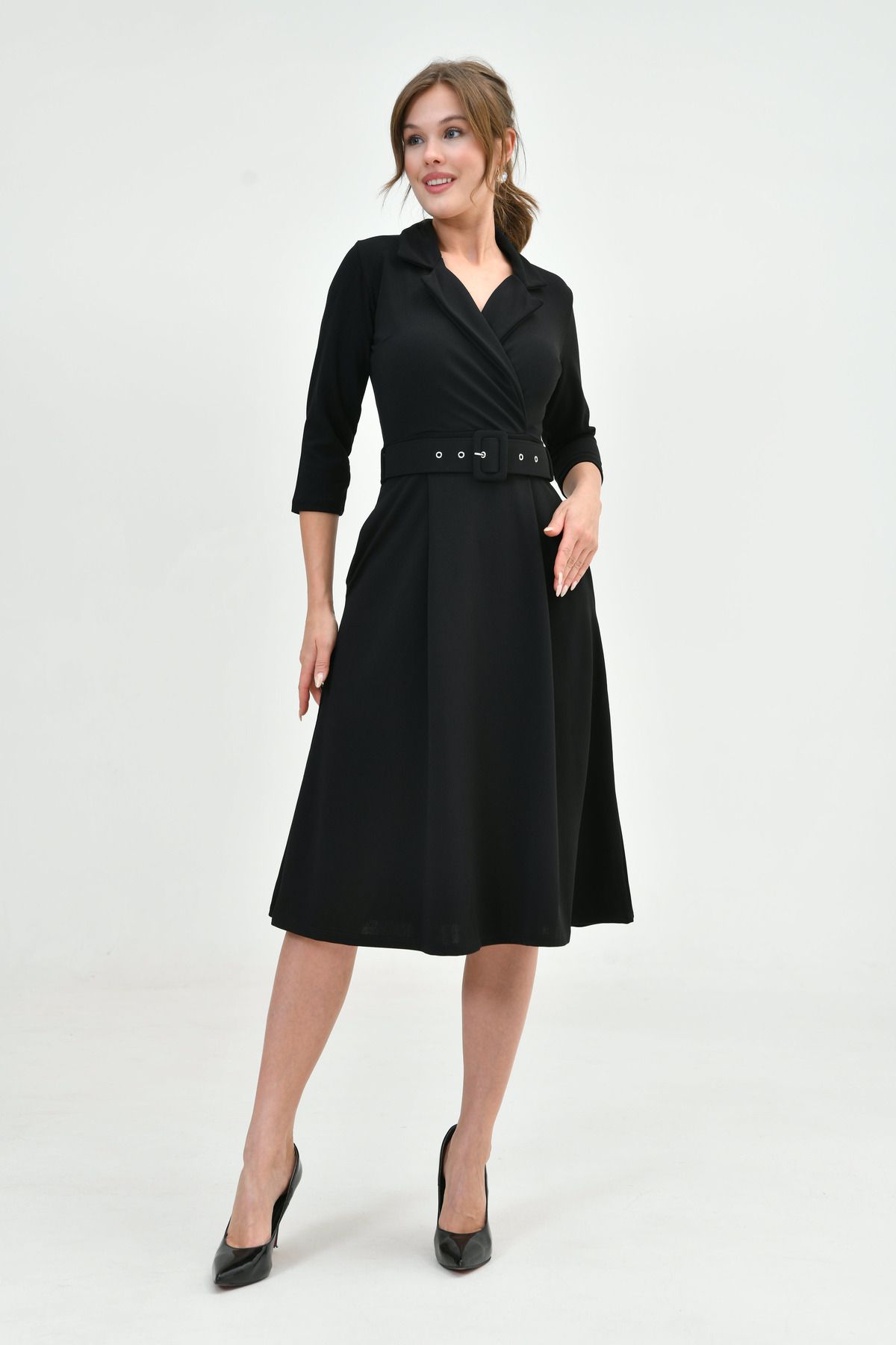 4S1B FASHION-Black Midi Evening Dress - Double Breasted Jacket Neckline, 3/4 Sleeve, Flared Fit, Belt Detail 020 8