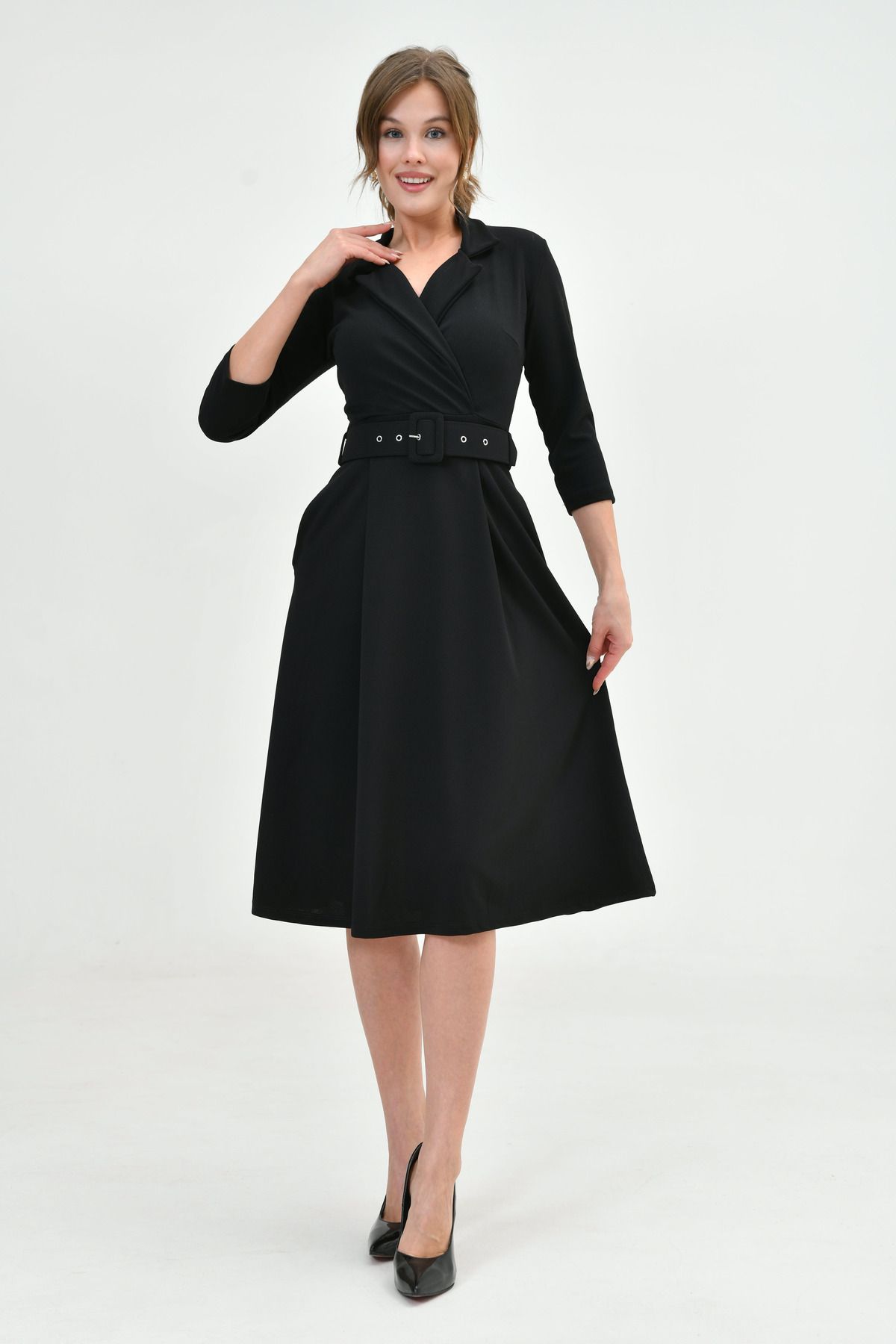 4S1B FASHION-Black Midi Evening Dress - Double Breasted Jacket Neckline, 3/4 Sleeve, Flared Fit, Belt Detail 020 7