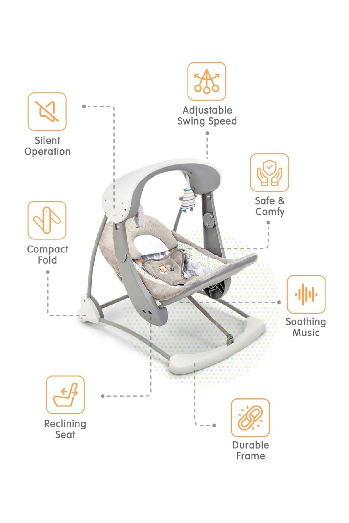 Fab N Funky-Portable Baby Swing - Grey 0M+, Foldable with Adjustable Speeds & Recline Positions 6
