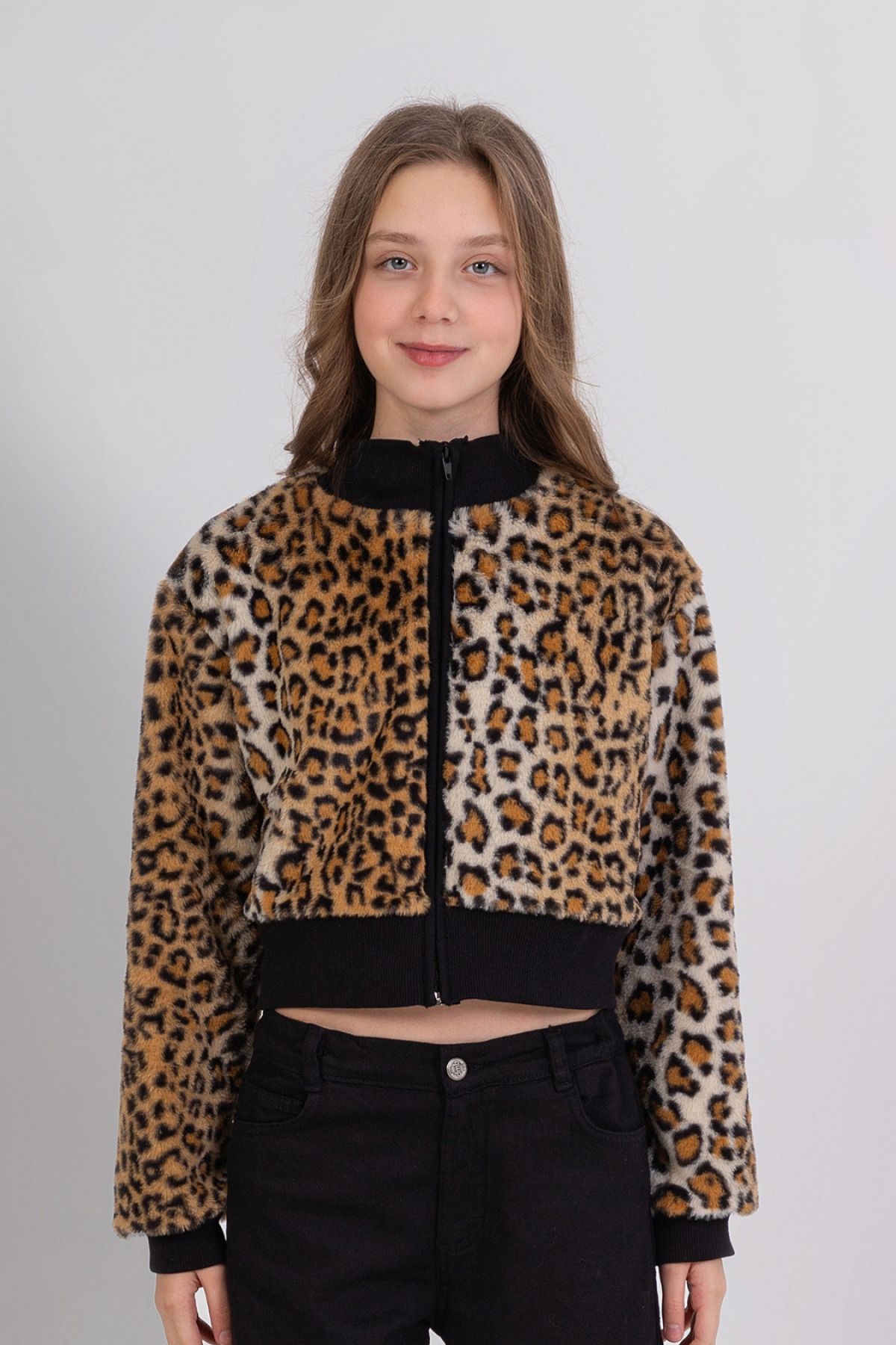 DMB BOYS & GIRLS-Leopard Print Zippered Soft Textured Crop Girl's Plush Jacket 4