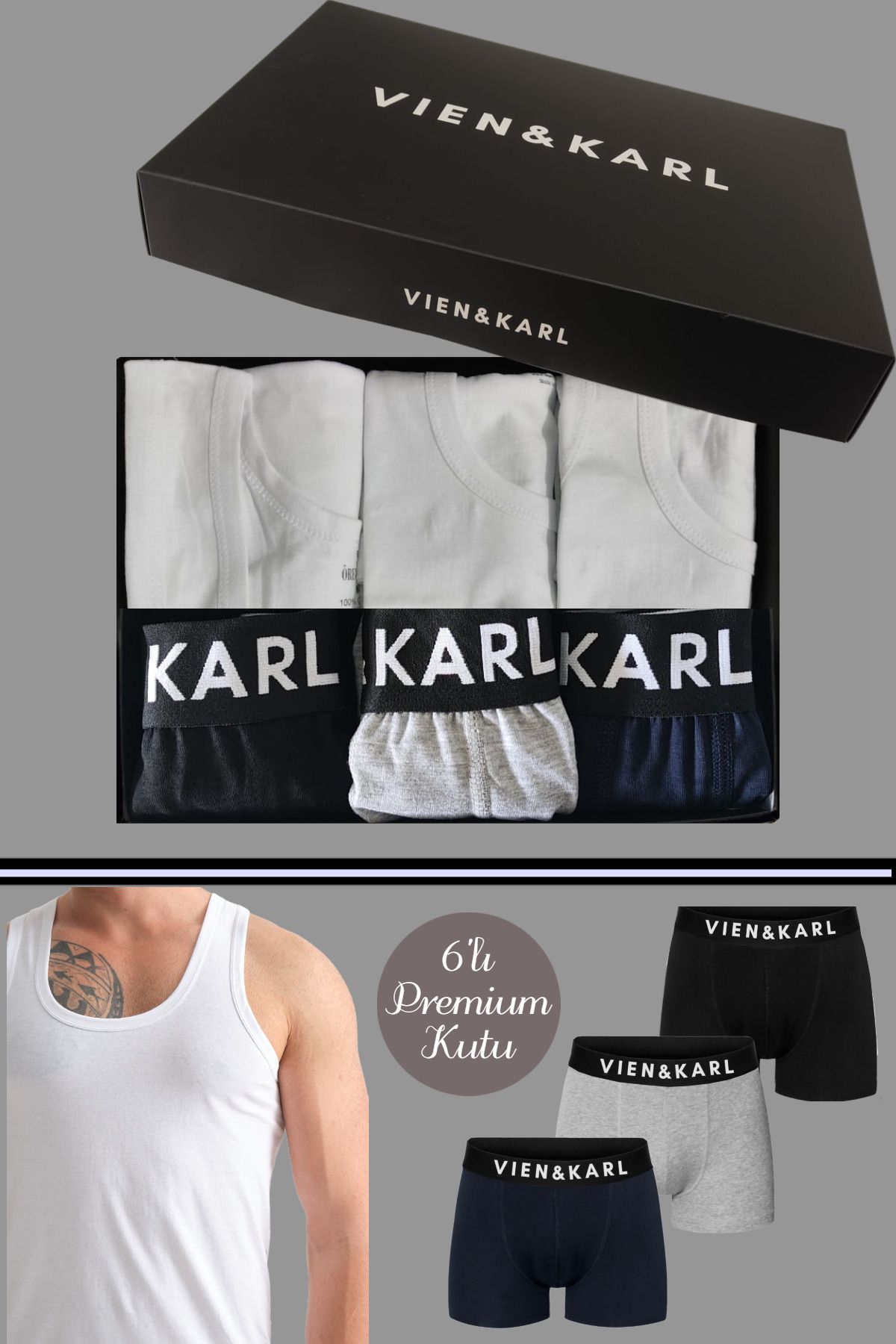 Vien&Karl Erkek 3 Pamuklu Likralı Siyah Gri Lacivert Boxer 3 Atlet Takım