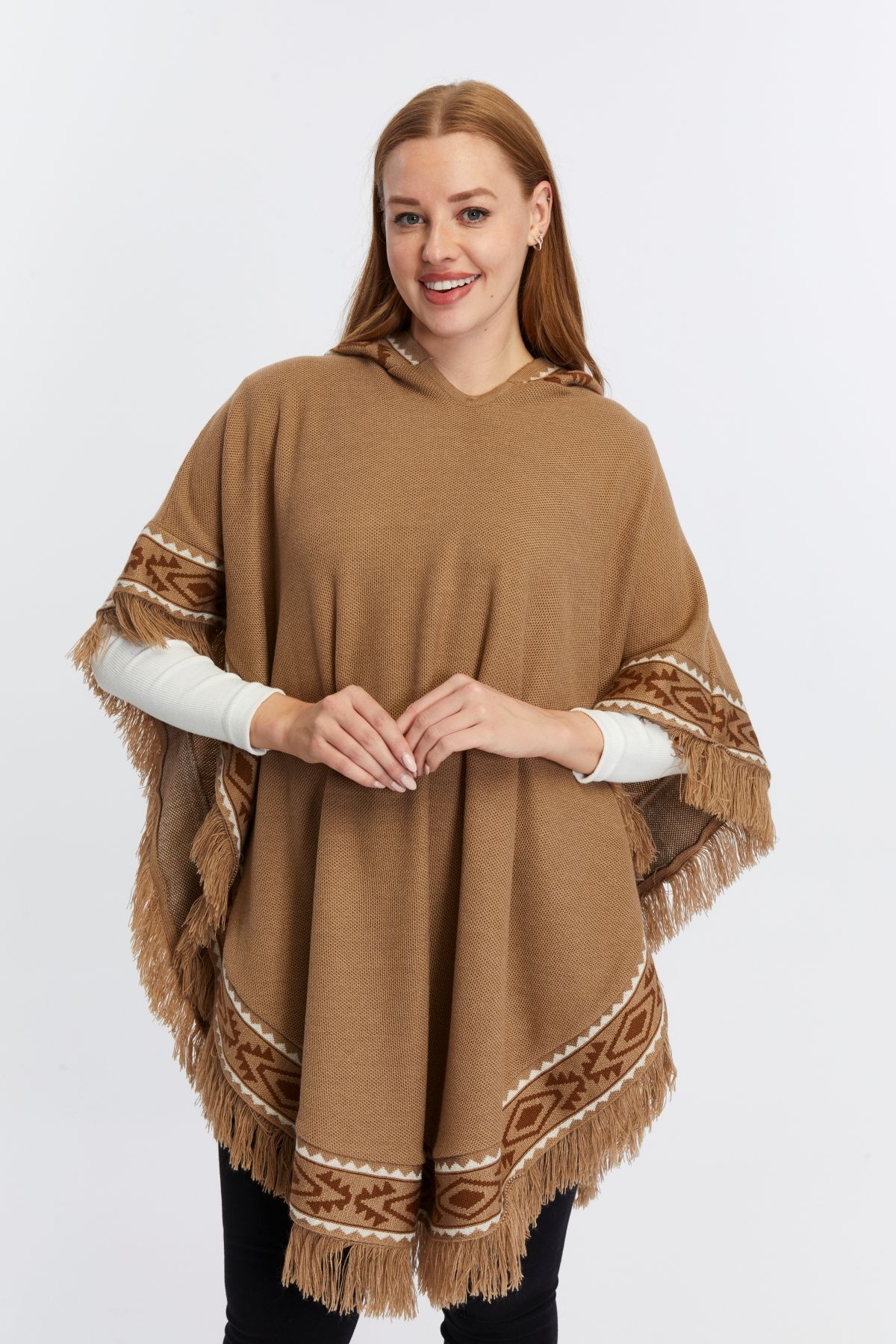 CNR TEKSTİL-Ethnic Patterned Knit Poncho 1