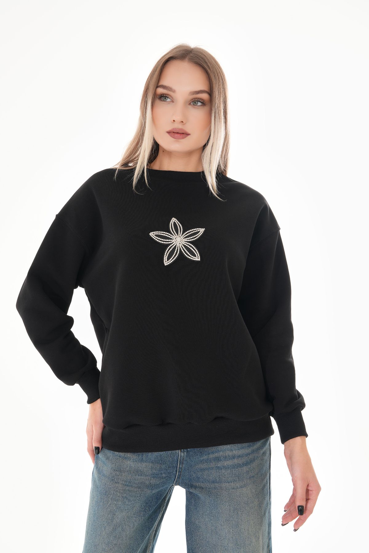 Pulli Collection-Black Sweatshirt with Stone Flower Detail 1