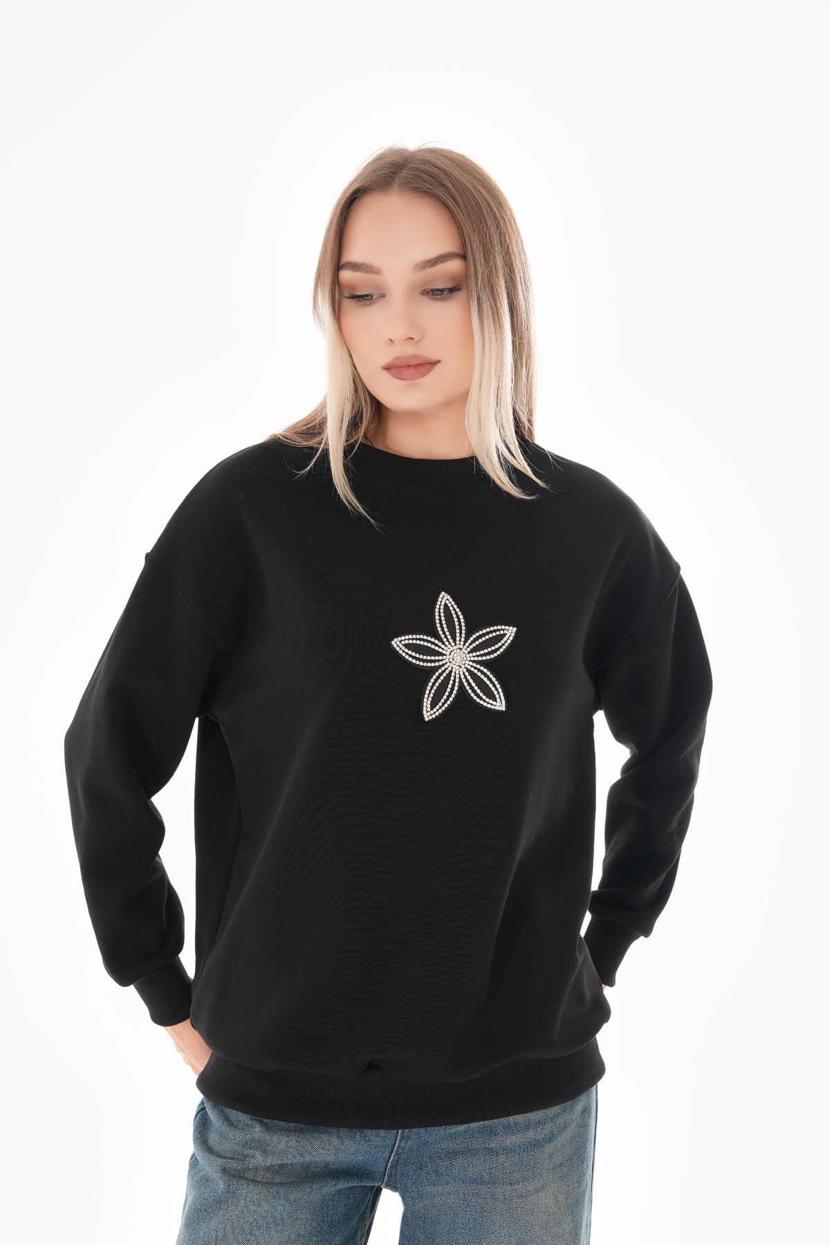 Pulli Collection-Black Sweatshirt with Stone Flower Detail 2