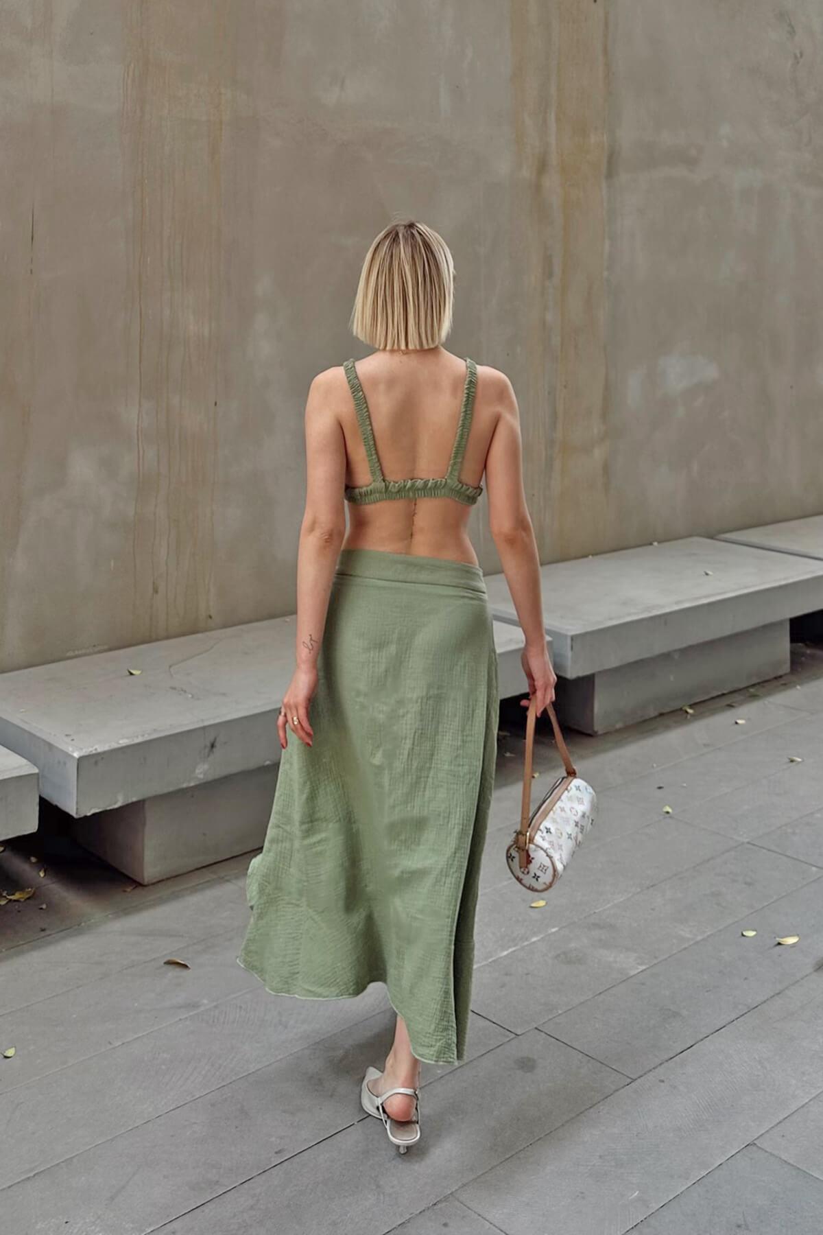 Swist-Khaki Side Tie Skirt-Bustier Muslin Women's Bottom-Top Set 4