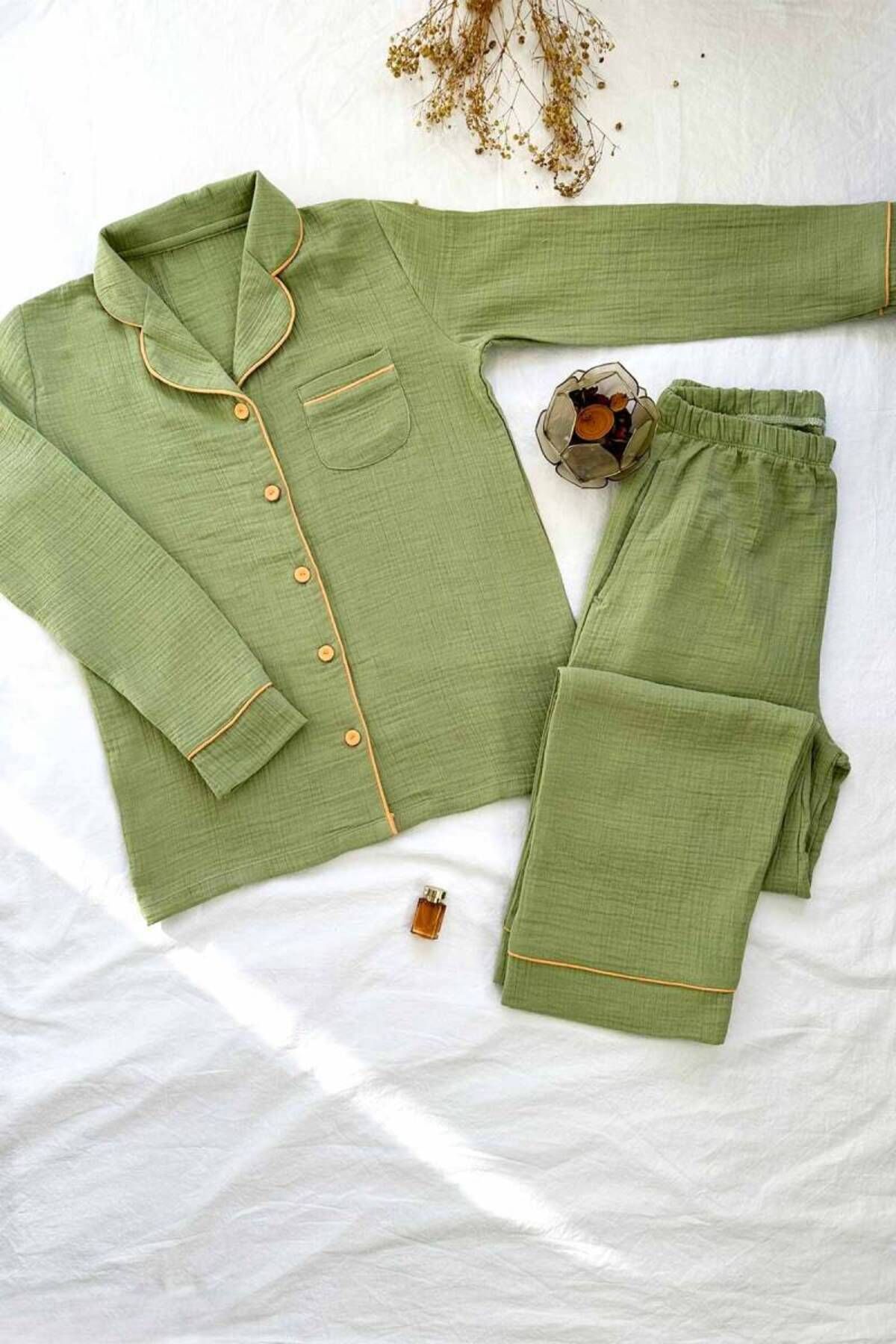 Miss Merveille-Women &Apos; S Sleepwear Set with Crinkle Buttons - Green Muslin Combed Cotton 2815Uk 2