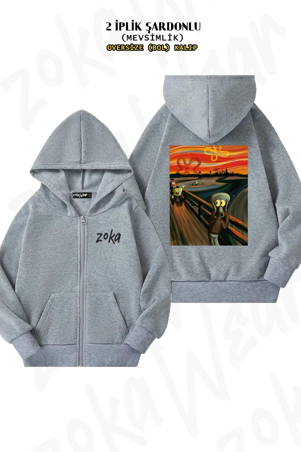 ZOKAWEAR-Van Gogh Spongebob Print - Grey Cardigan with Zipper and Hood (2 Thread) 1