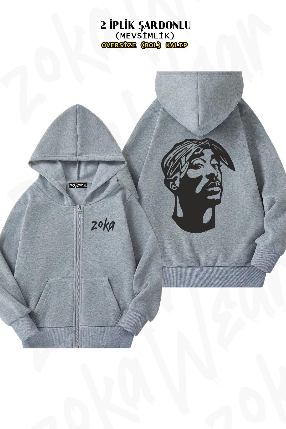 ZOKAWEAR  Oversize 2pac Tupac Shakur Sırt Baskılı Fermuarlı Kapşonlu Gri Hırka (2 İplik)