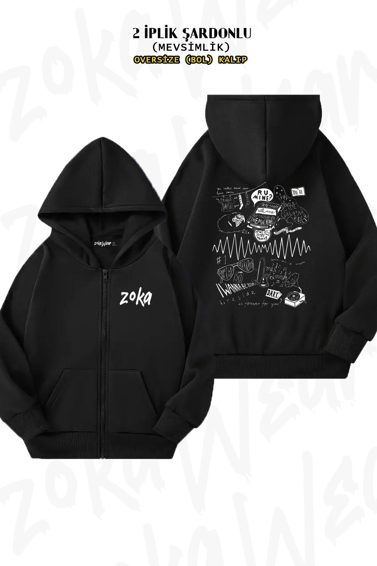 ZOKAWEAR-Oversize Arctic Monkeys R U Enamel Back Printed Zip Hooded Black Cardigan (2 Thread) 1