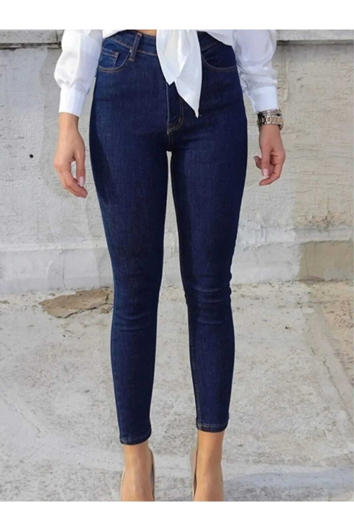 geenz manifacture Berlin Koyu Mavi Yüksek Bel Dar Paça Skinny Likralı Kot Pantalon görsel 2