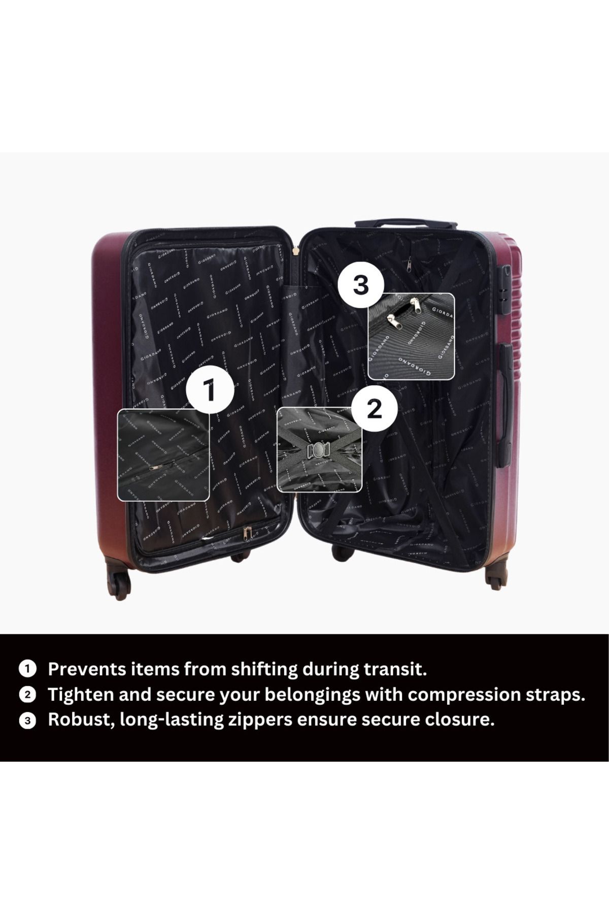 Giordano-Logo Series Medium Suitcase Maroon, ABS HardShell Lightweight Durable Secure Number Lock. 3