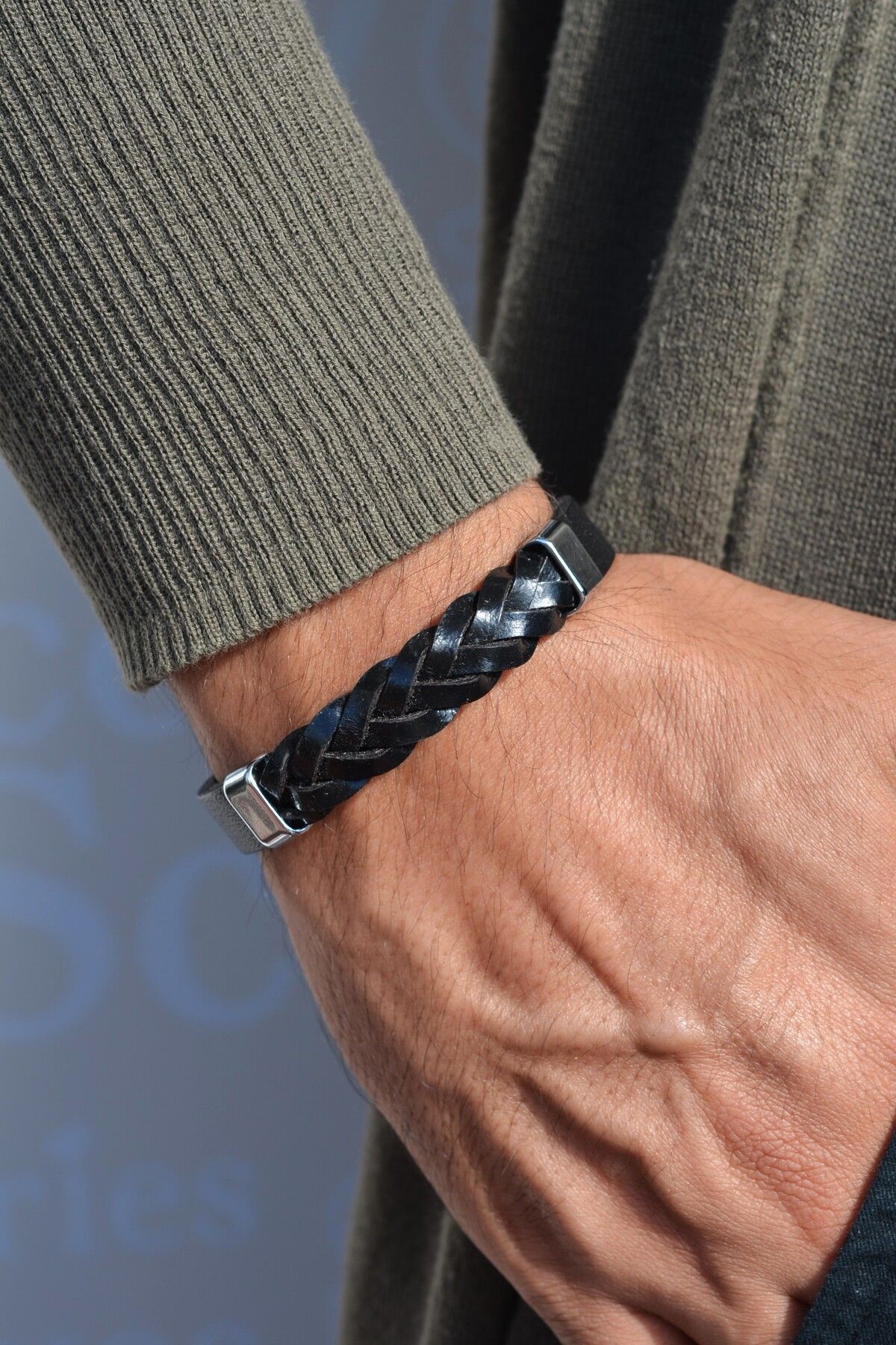 Sacce Scarves&Accessories-Men's Knitted Leather Bracelet - Lightweight and Thick, Casual Style, with Steel Lock System 1