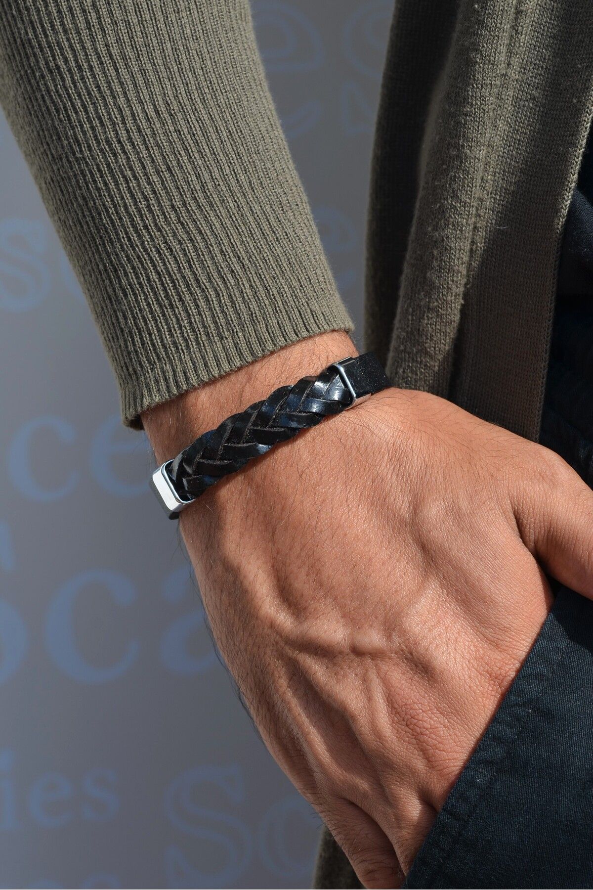 Sacce Scarves&Accessories-Men's Knitted Leather Bracelet - Lightweight and Thick, Casual Style, with Steel Lock System 2