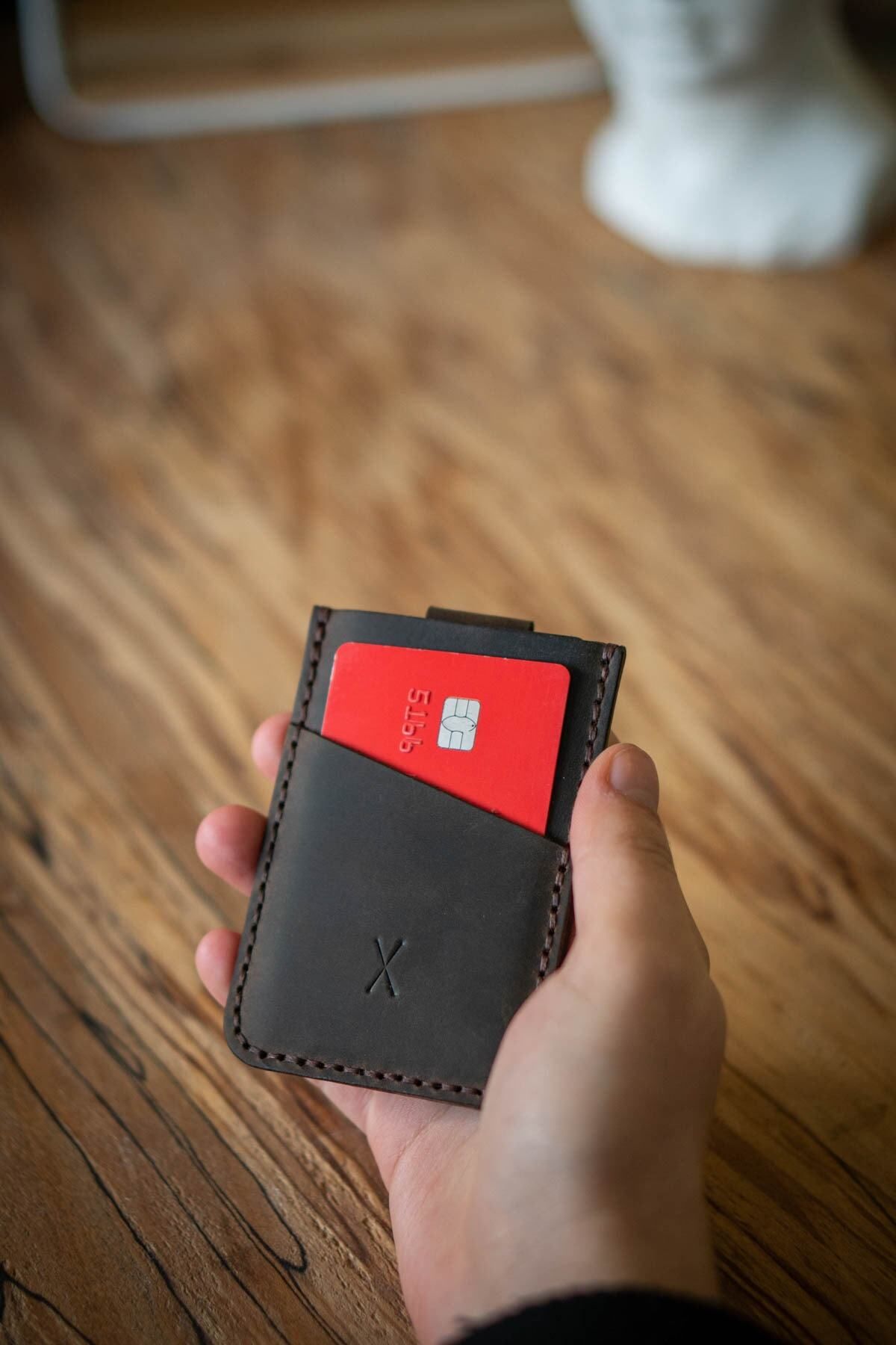 minimal X design-Minimal X V2 Mechanism Card Holder - Chestnut - Real Leather Handmade - Practical Easy Sturdy Design 3