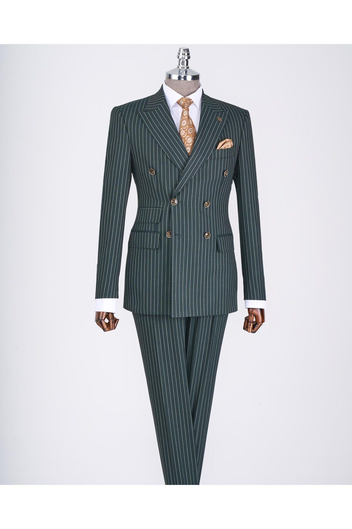 TerziAdemAltun-Green Slim Fit Striped Double Breasted Jacket and Pants Set - T13062 2