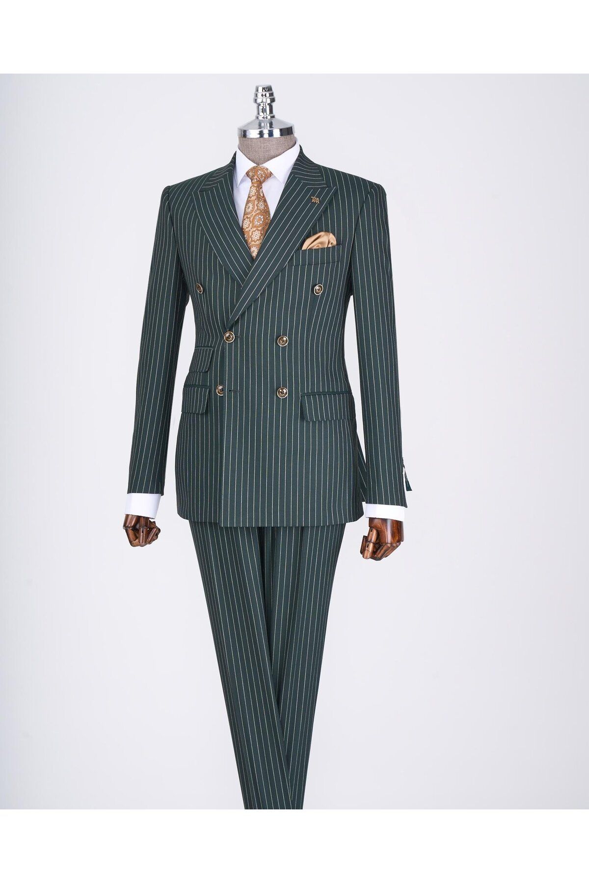 TerziAdemAltun-Green Slim Fit Striped Double Breasted Jacket and Pants Set - T13062 3