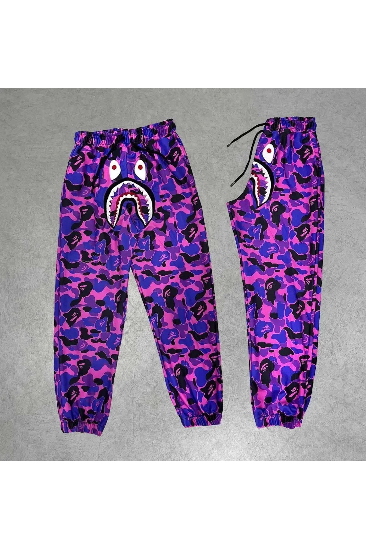 SA Alişveriş Dünyam İki İplik Mevsimlik Bape Nakişli Eşofman Pantolon - Mor