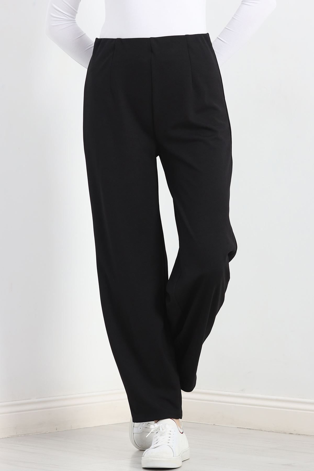 Afrodit-Wide Cut Black Trousers - Collet Detailed 5