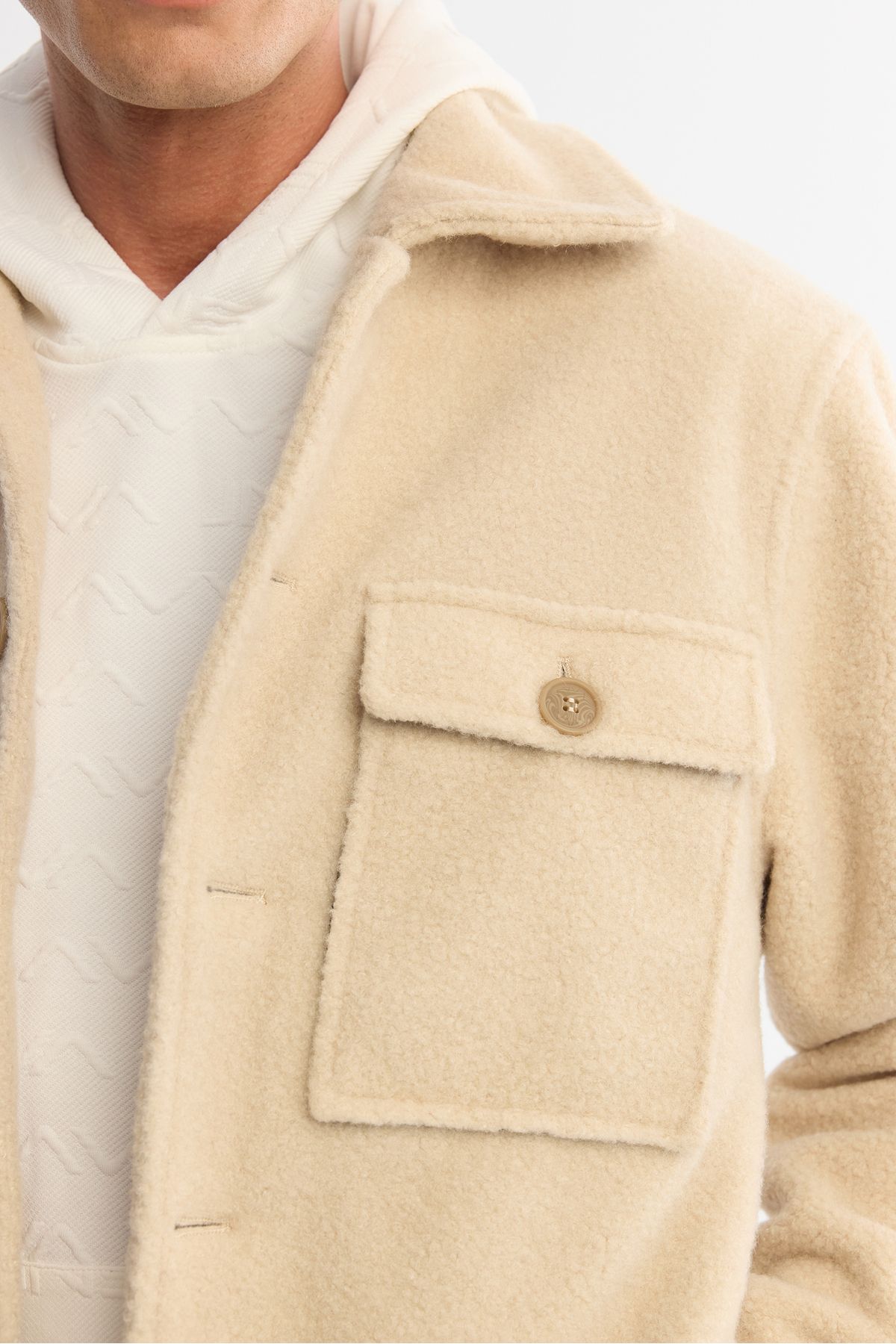 Avva-Men's Beige Classic Lapel Windproof Plush Coat with Thermometer A42Y6085 2