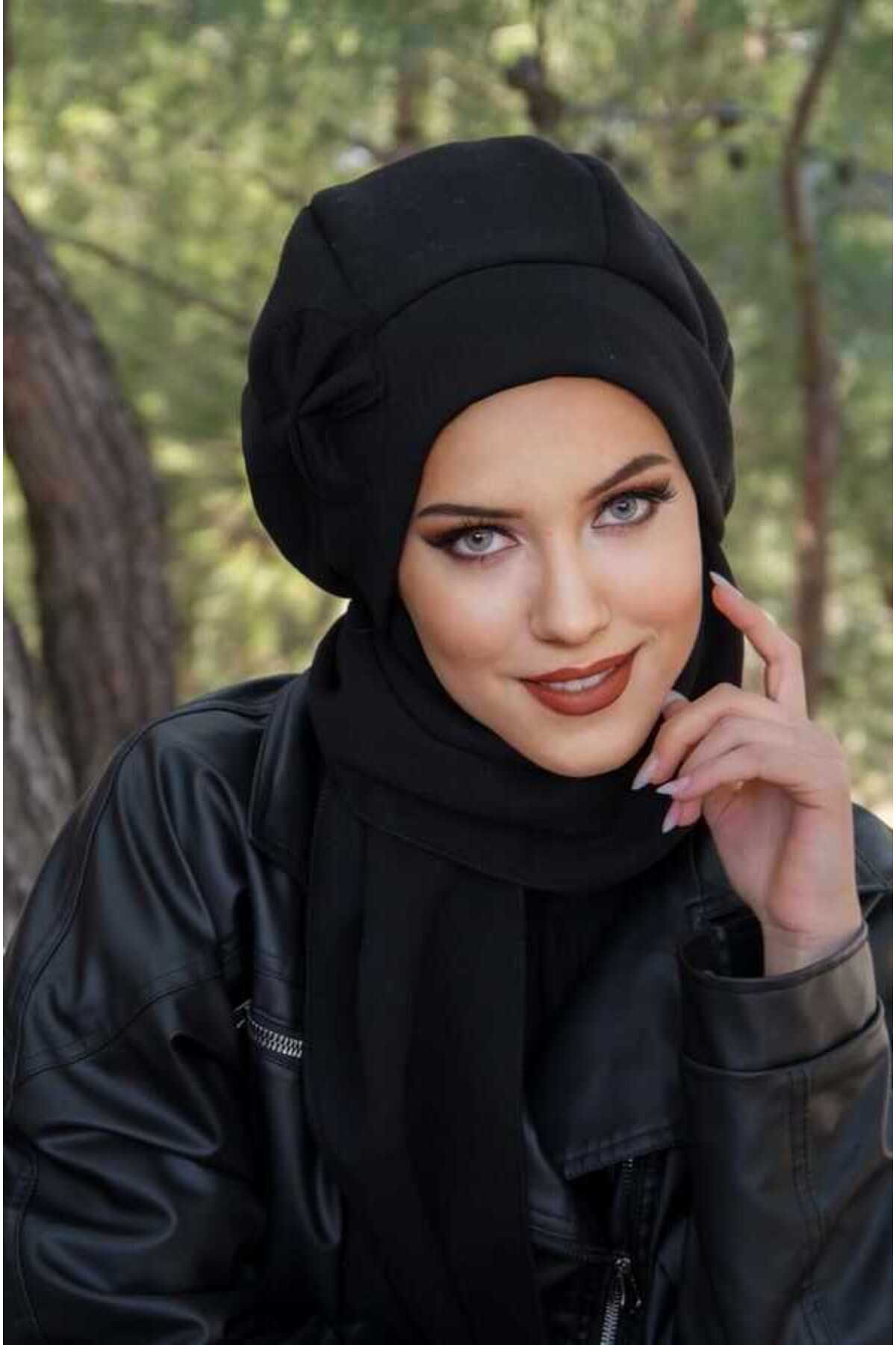 Aişe tesettür-Black Bow Hijab Beanie 4