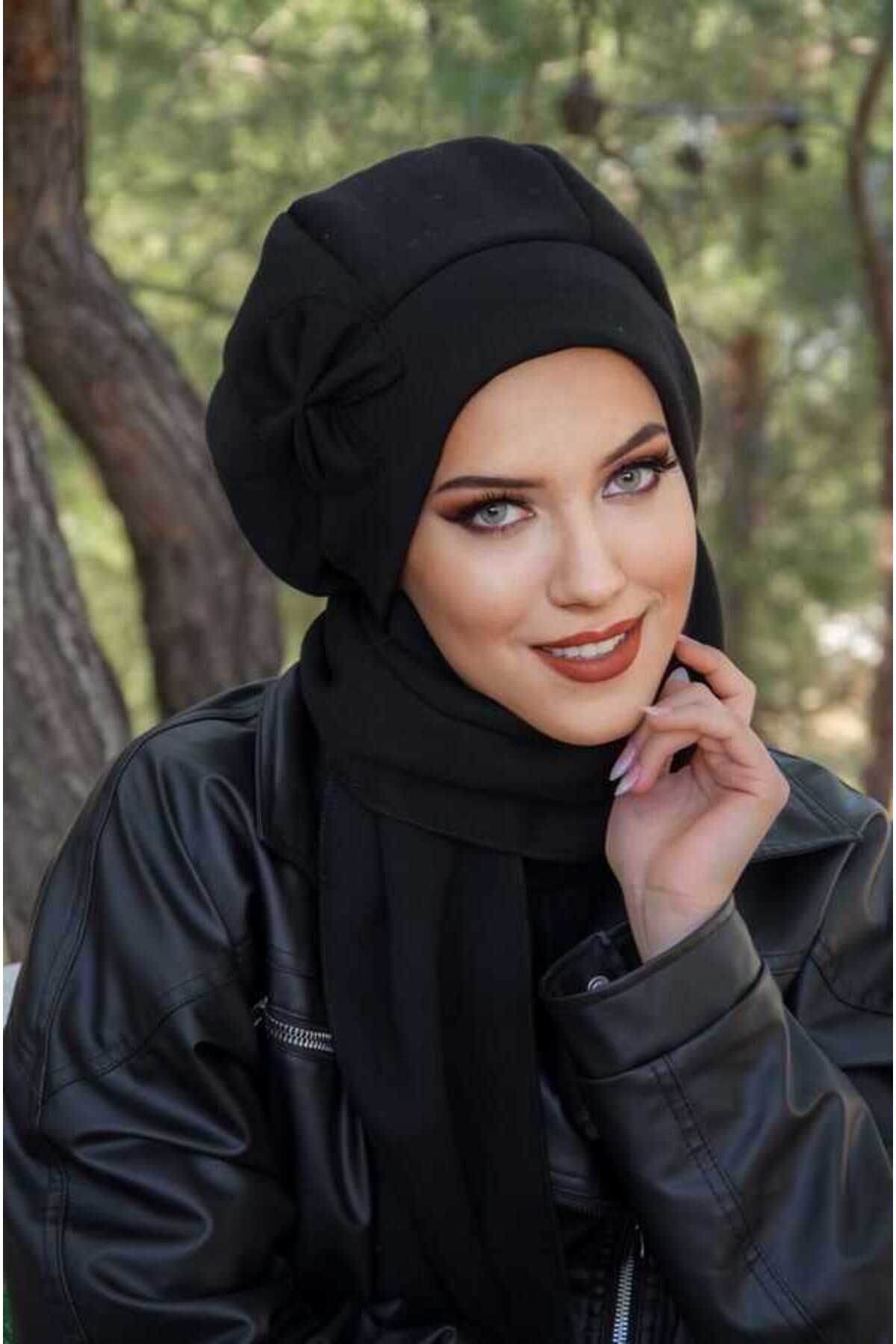 Aişe tesettür-Black Bow Hijab Beanie 1