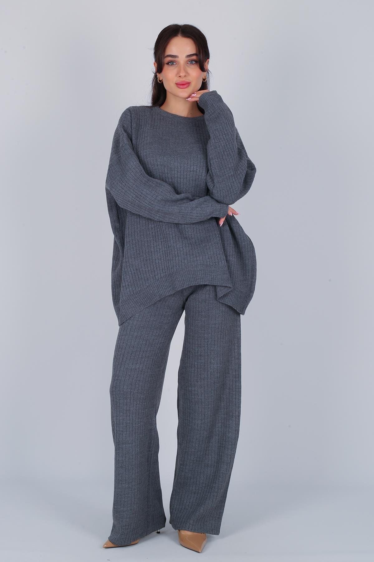 FACETTE-Women's Gray Long Sleeve Sweater Pants Knitwear Set 1