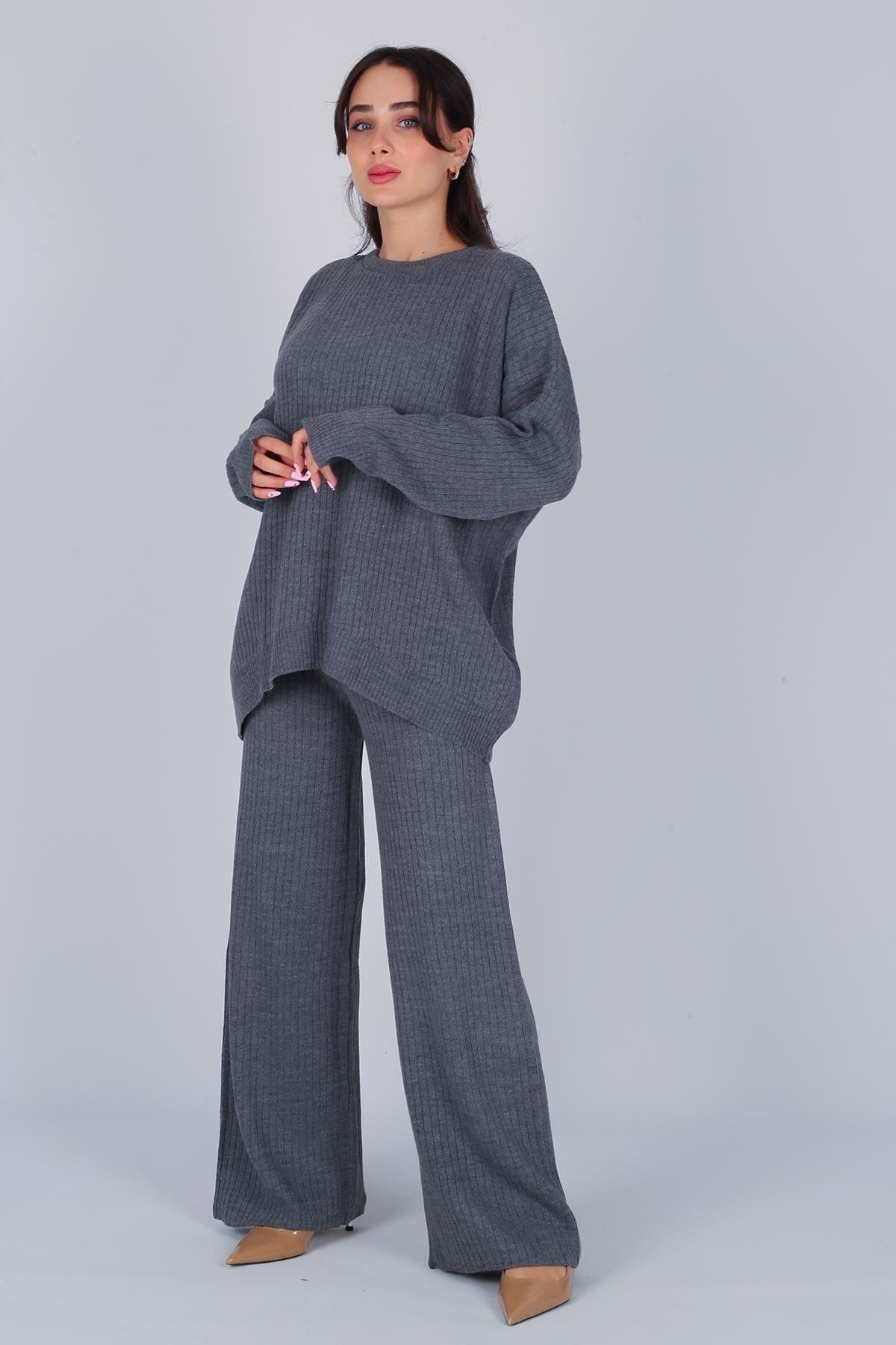 FACETTE-Women's Gray Long Sleeve Sweater Pants Knitwear Set 3